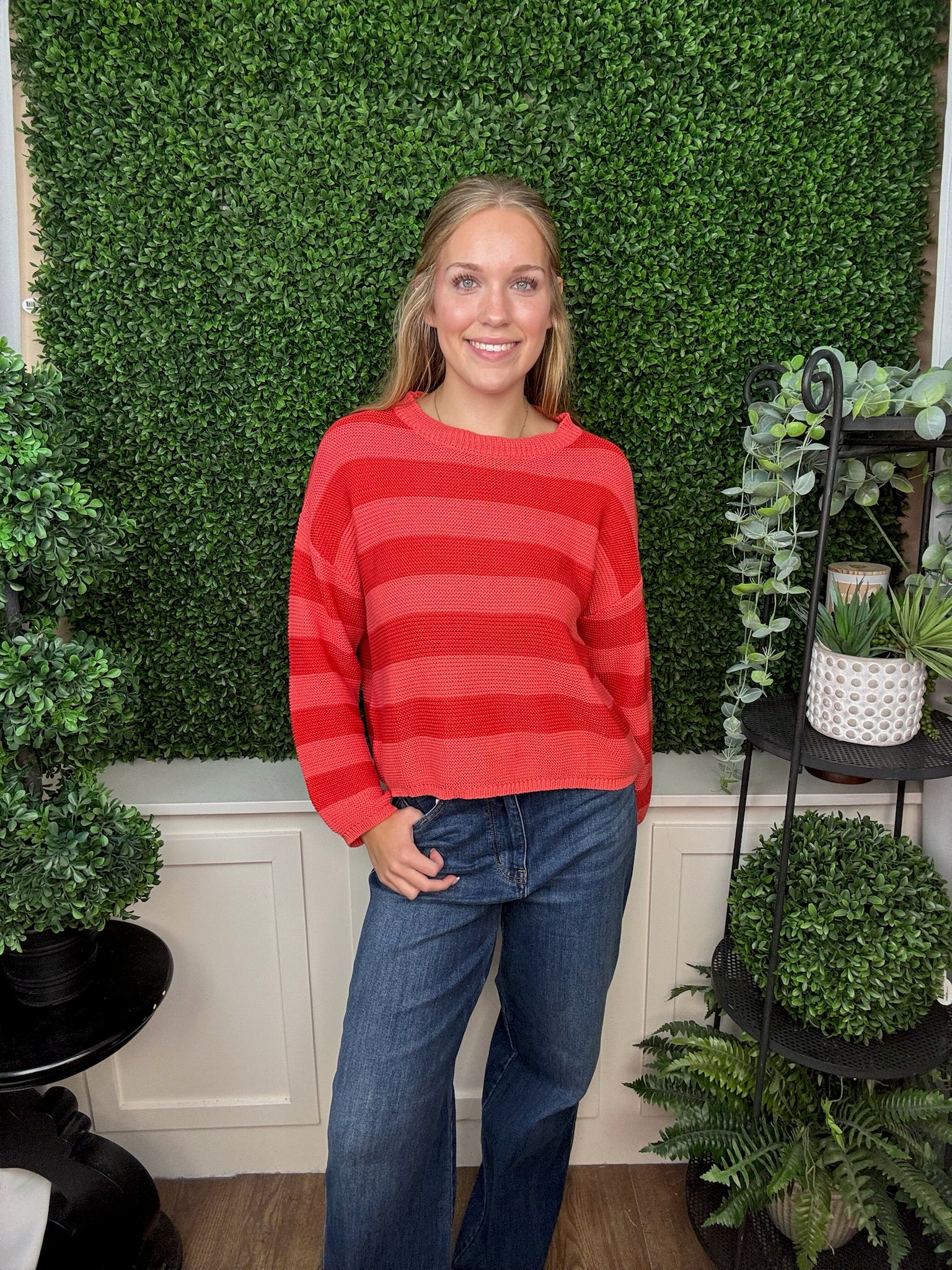 Striped Lightweight Knit Pullover Sweater - Coral