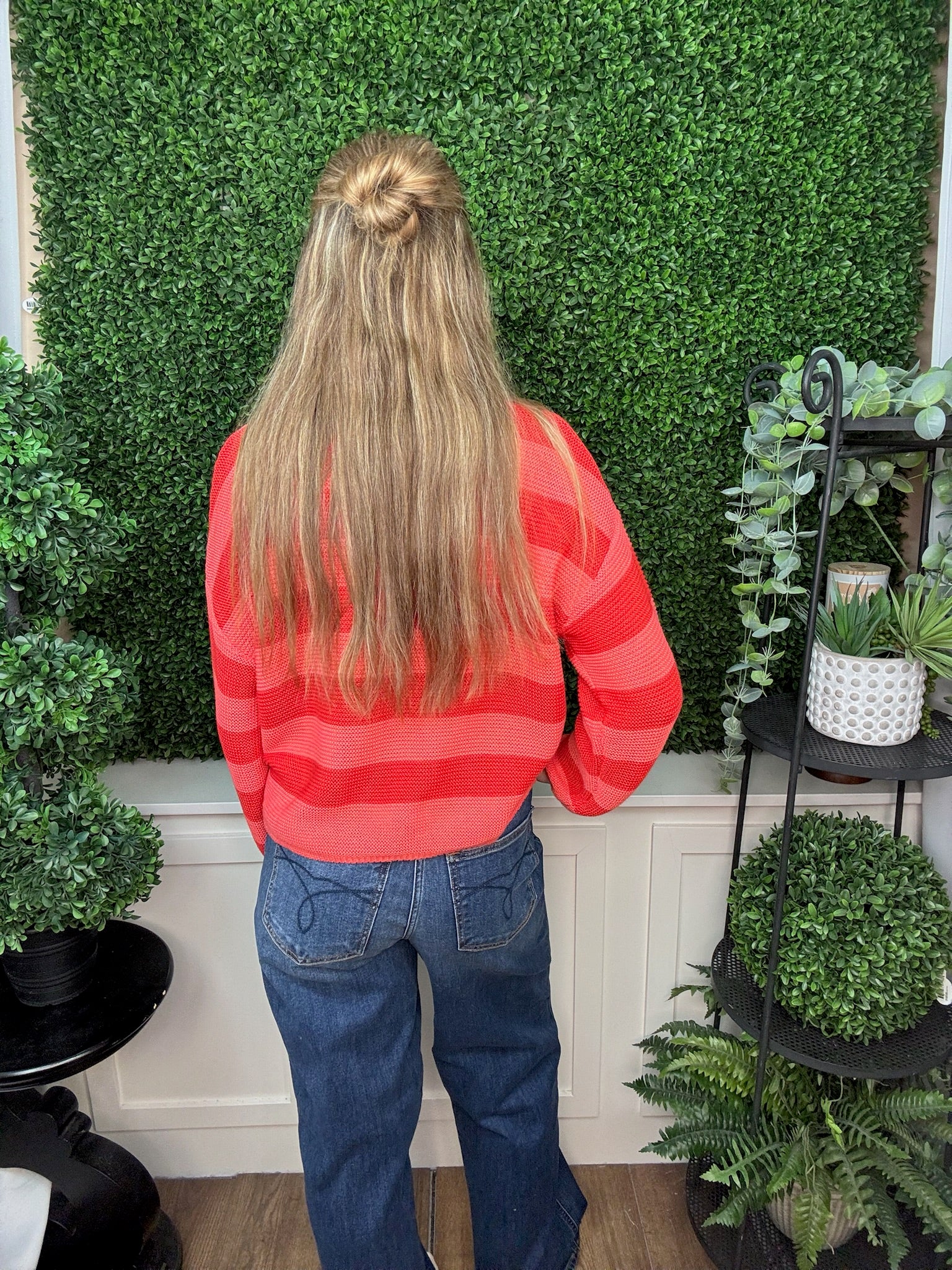 Striped Lightweight Knit Pullover Sweater - Coral