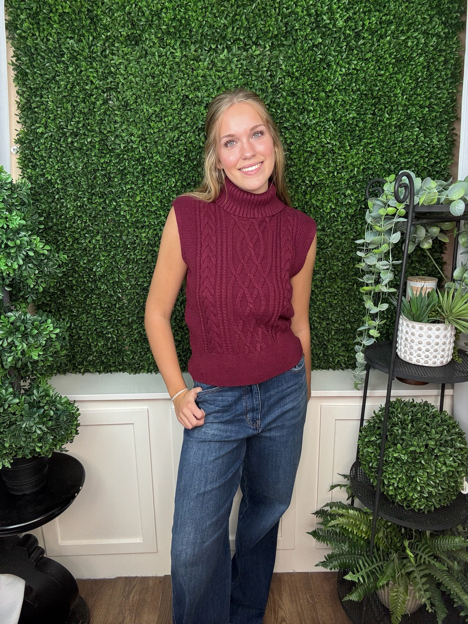 CAP SLEEVE TURTLENECK CABLE SWEATER TOP - WINE