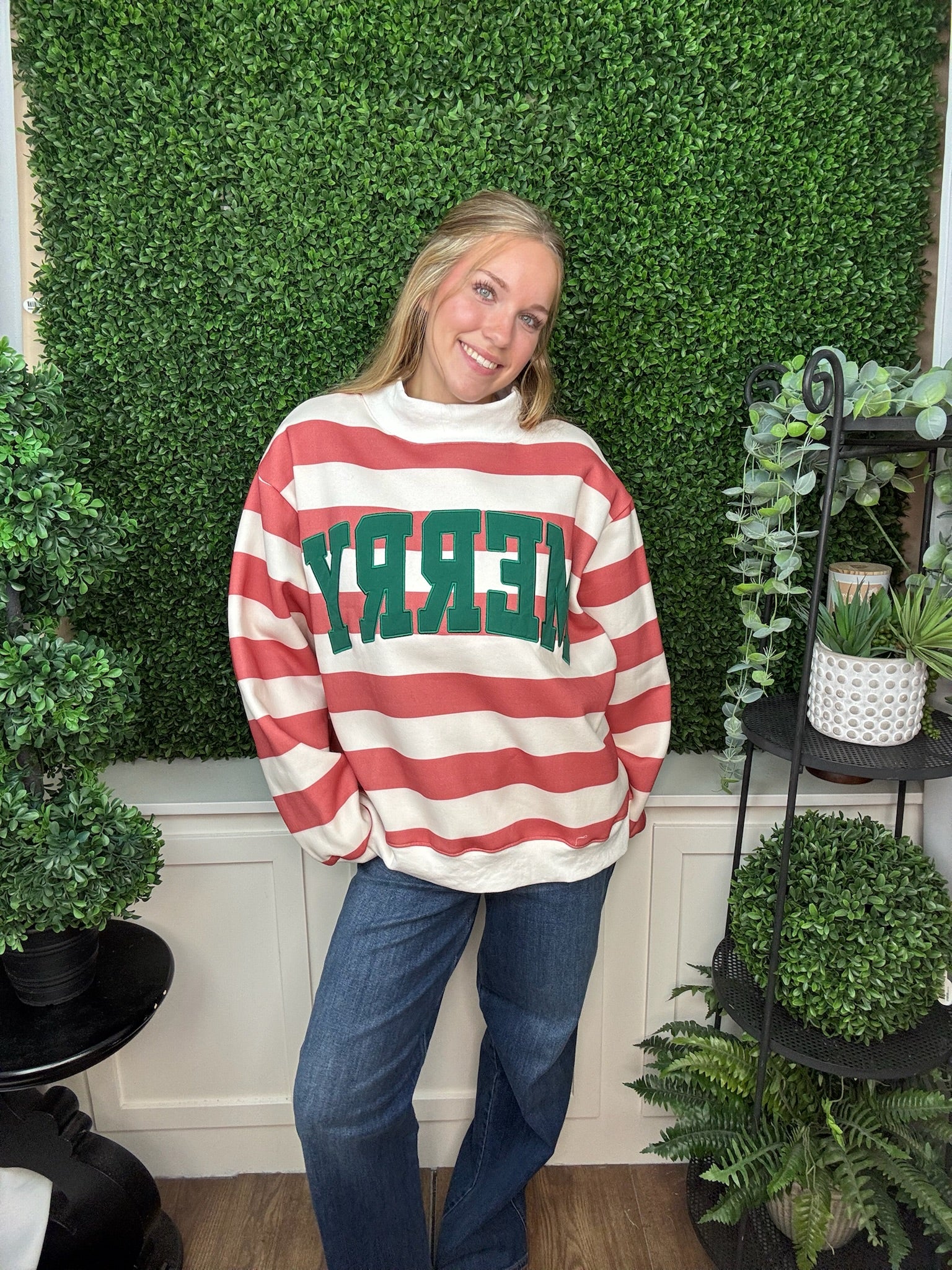 EMBROIDERED MERRY MOCK NECK SWEATSHIRT - RED/WHITE