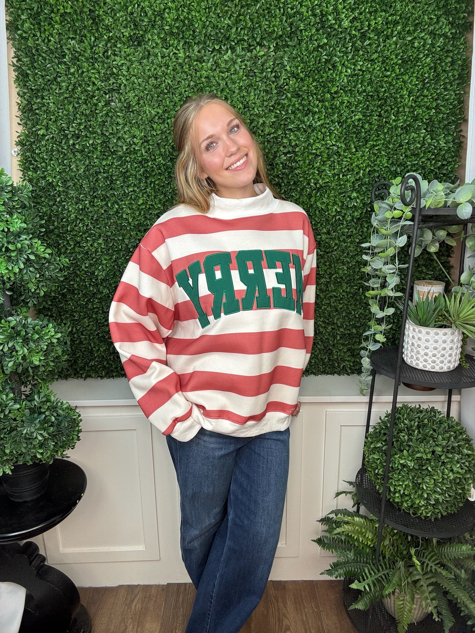 EMBROIDERED MERRY MOCK NECK SWEATSHIRT - RED/WHITE