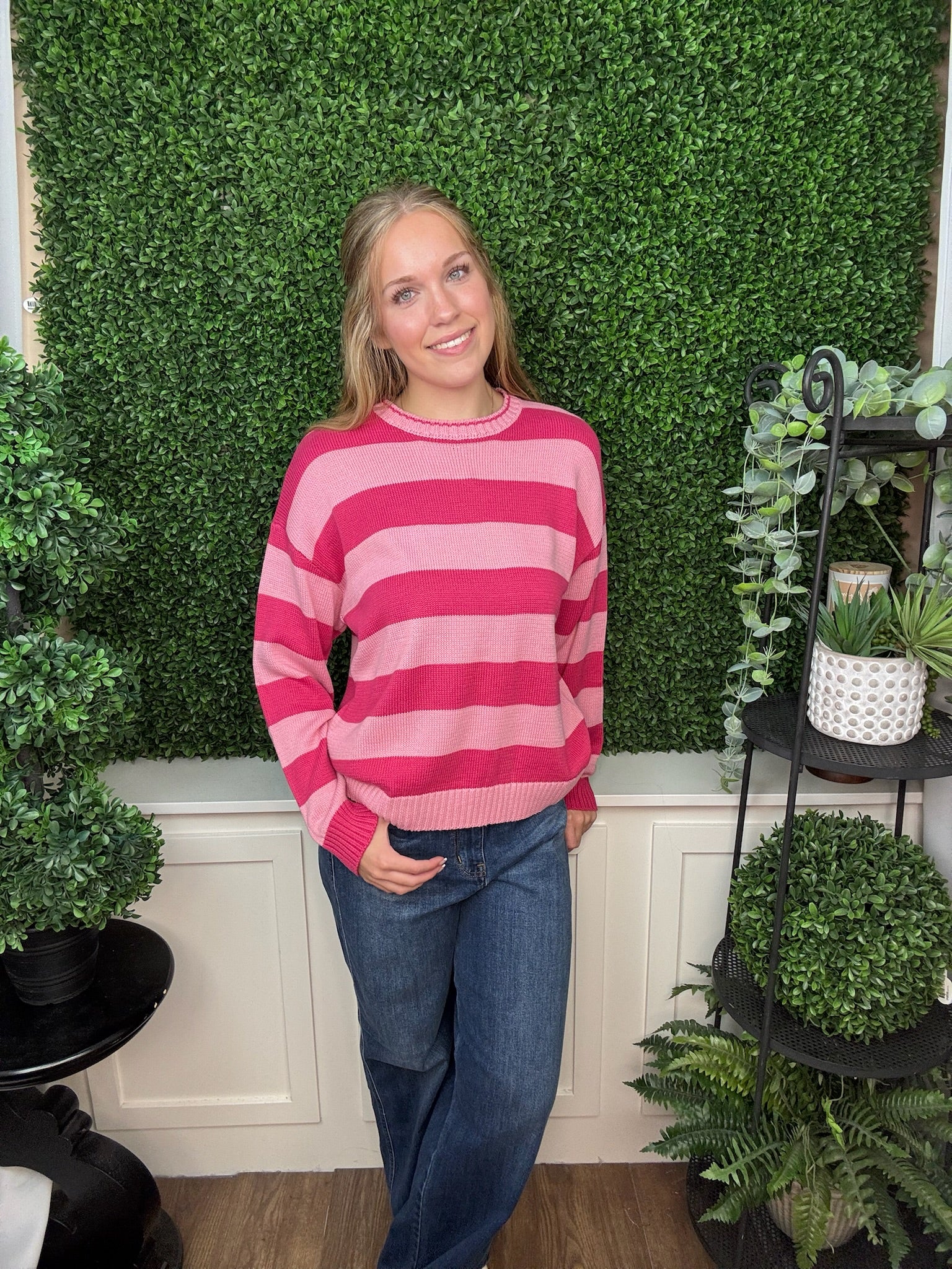 STRIPE CREW NECK KNIT SWEATER - PINK/MAGENTA COMBO