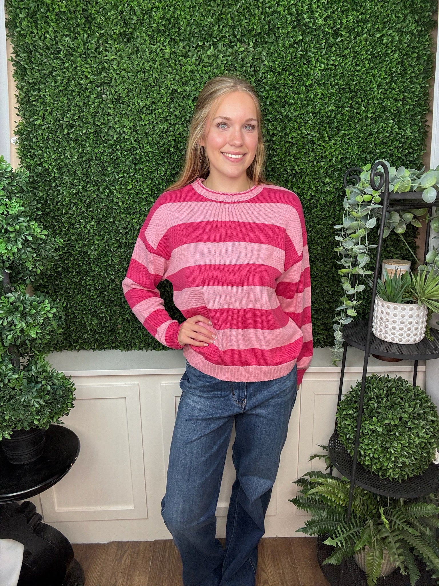 STRIPE CREW NECK KNIT SWEATER - PINK/MAGENTA COMBO