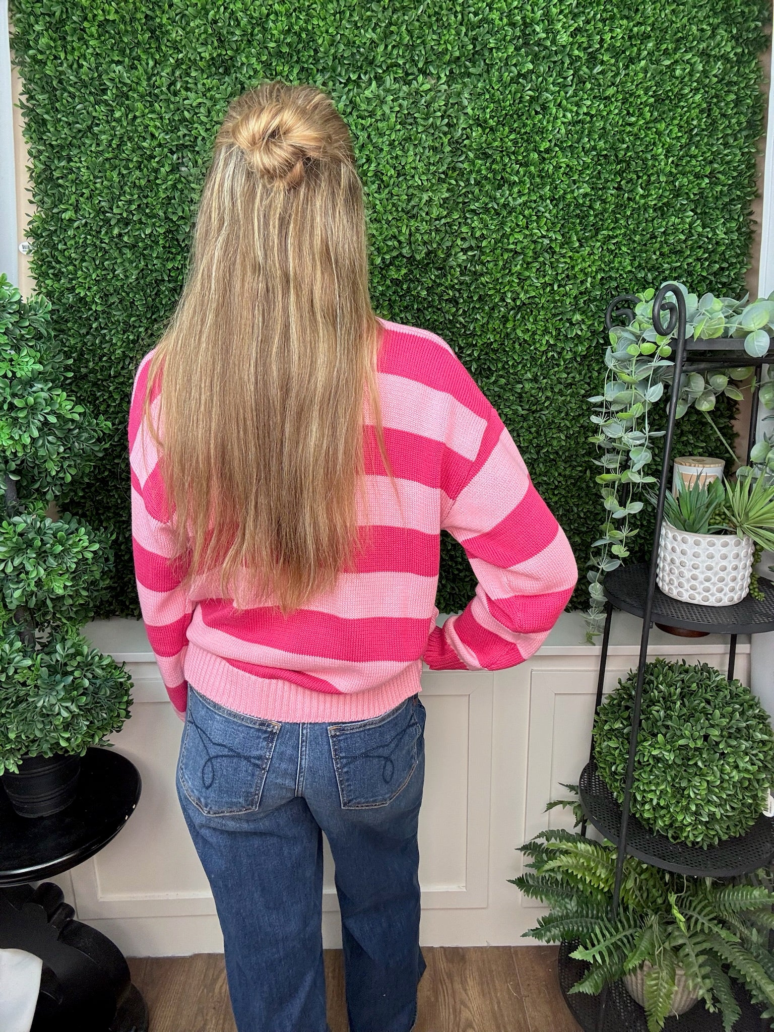 STRIPE CREW NECK KNIT SWEATER - PINK/MAGENTA COMBO