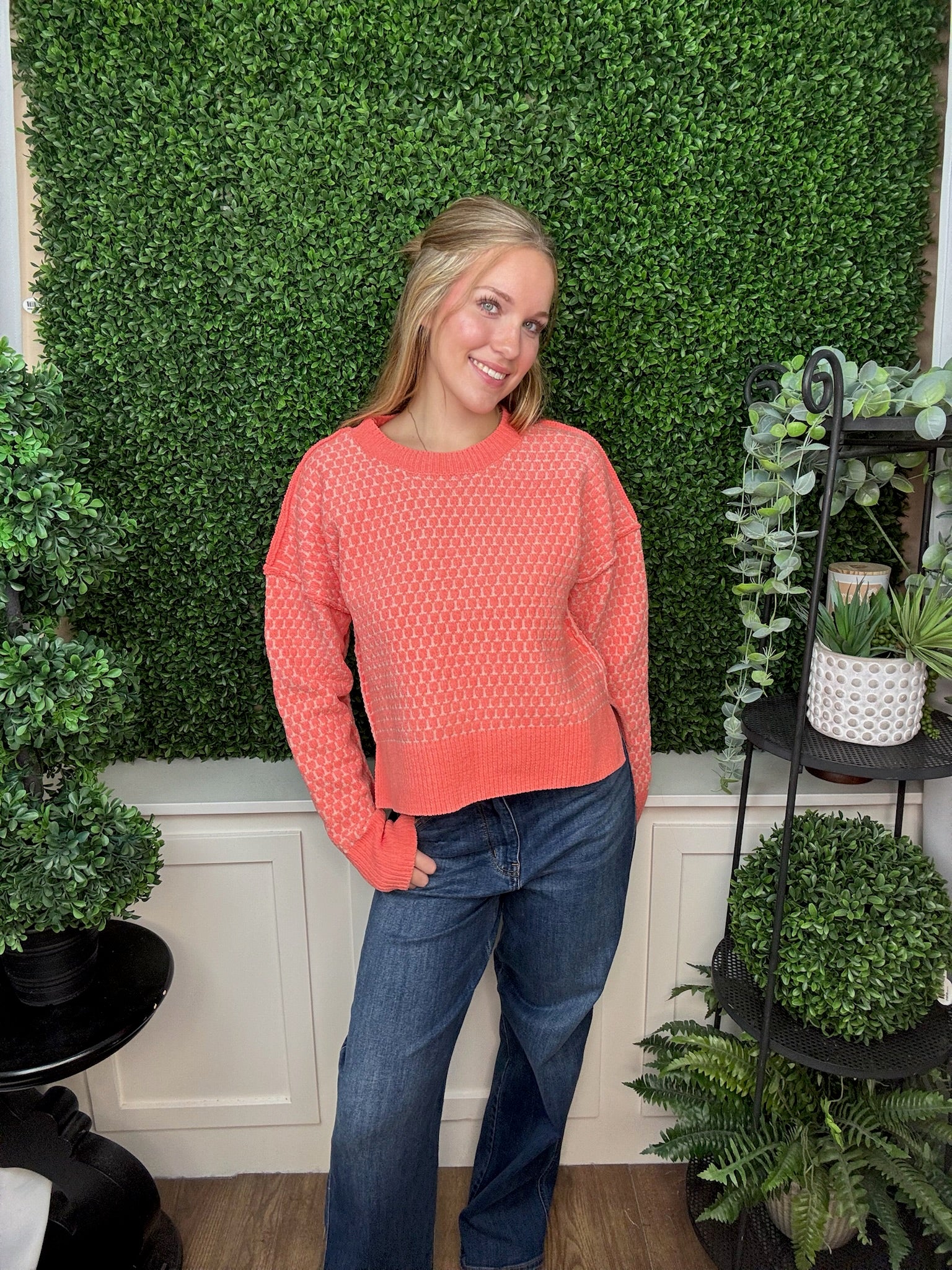 TEXTURED CREW NECK KNIT SWEATER - CORAL