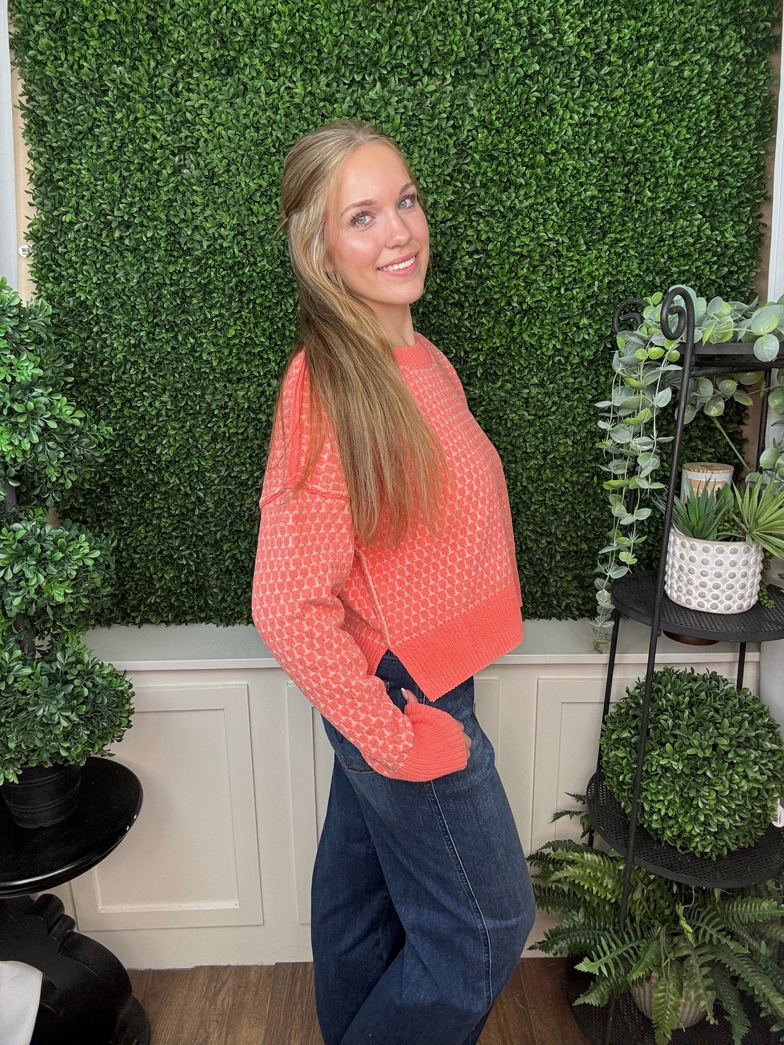 TEXTURED CREW NECK KNIT SWEATER - CORAL