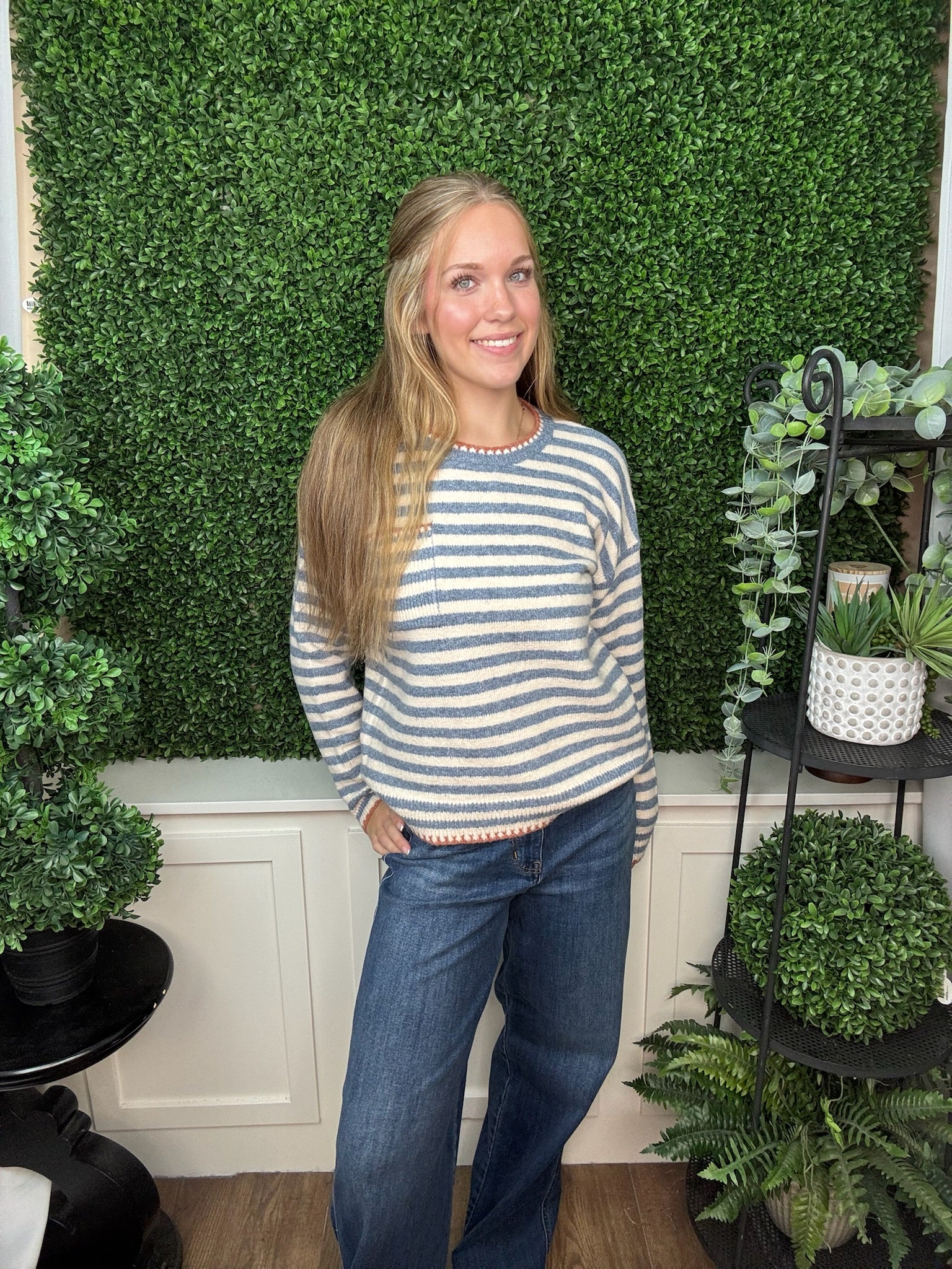 Striped Knit Sweater with Contrast Trim Pocket