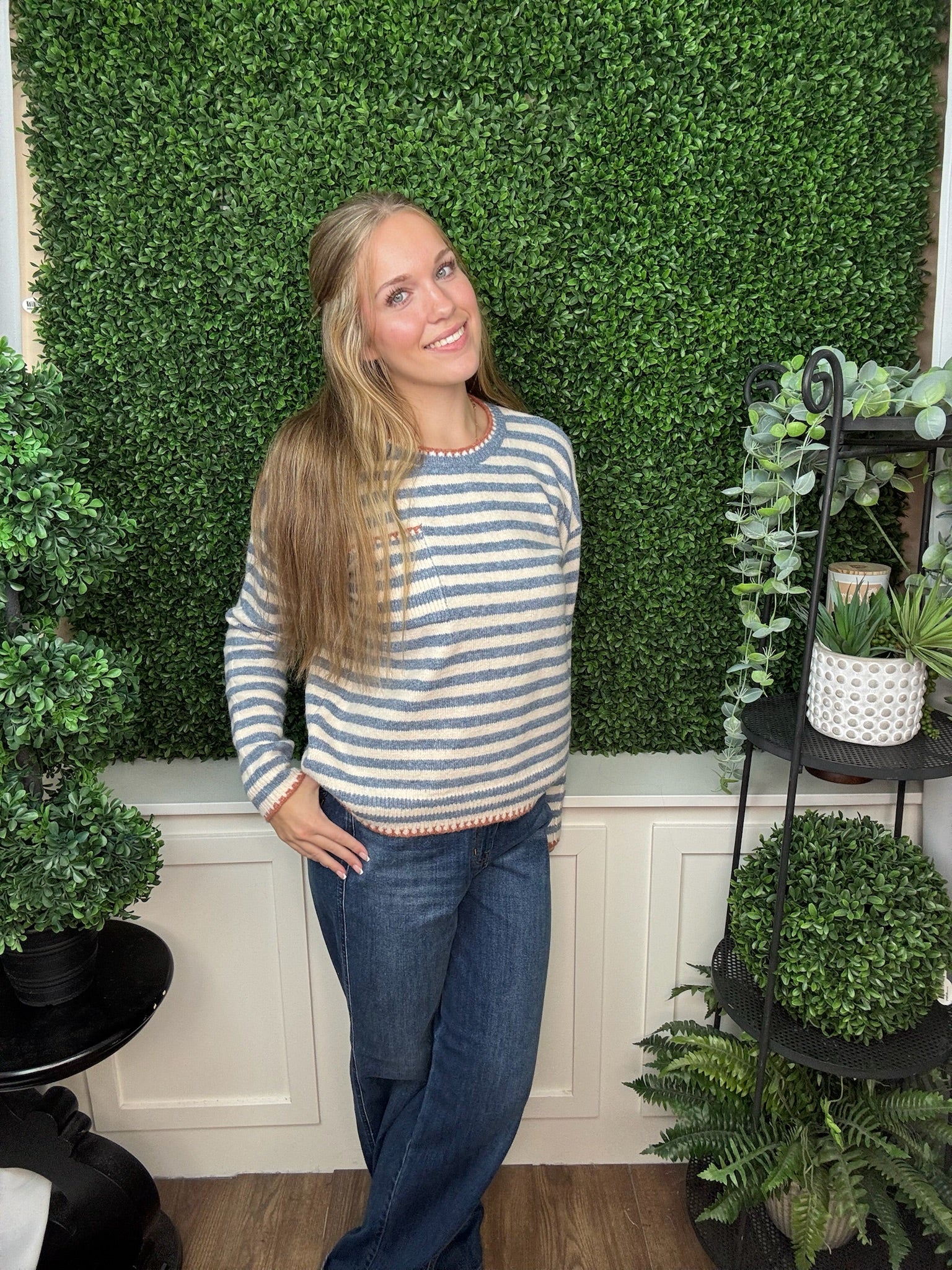 Striped Knit Sweater with Contrast Trim Pocket