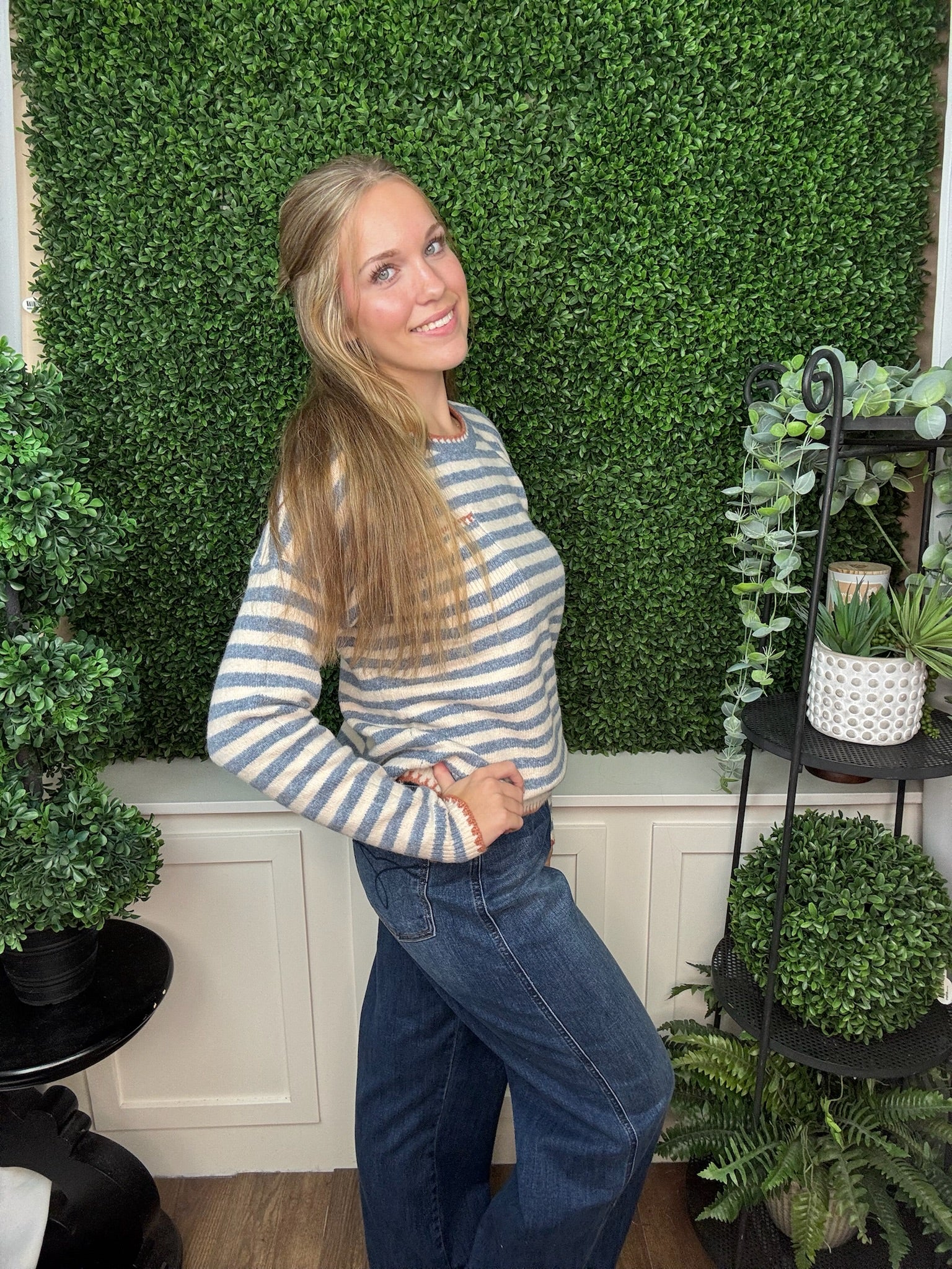 Striped Knit Sweater with Contrast Trim Pocket