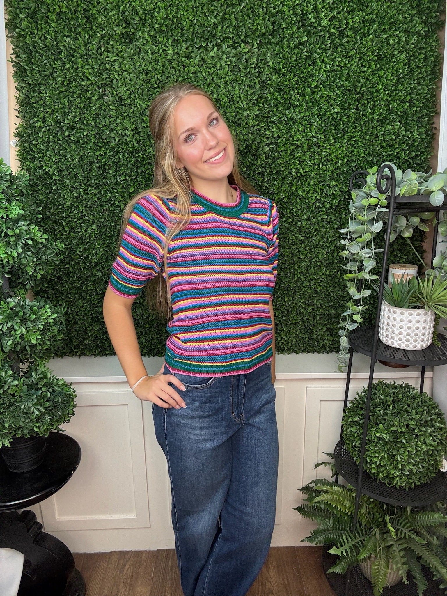 MULTICOLOR STRIPED KNIT SWEATER - LILAC GREEN