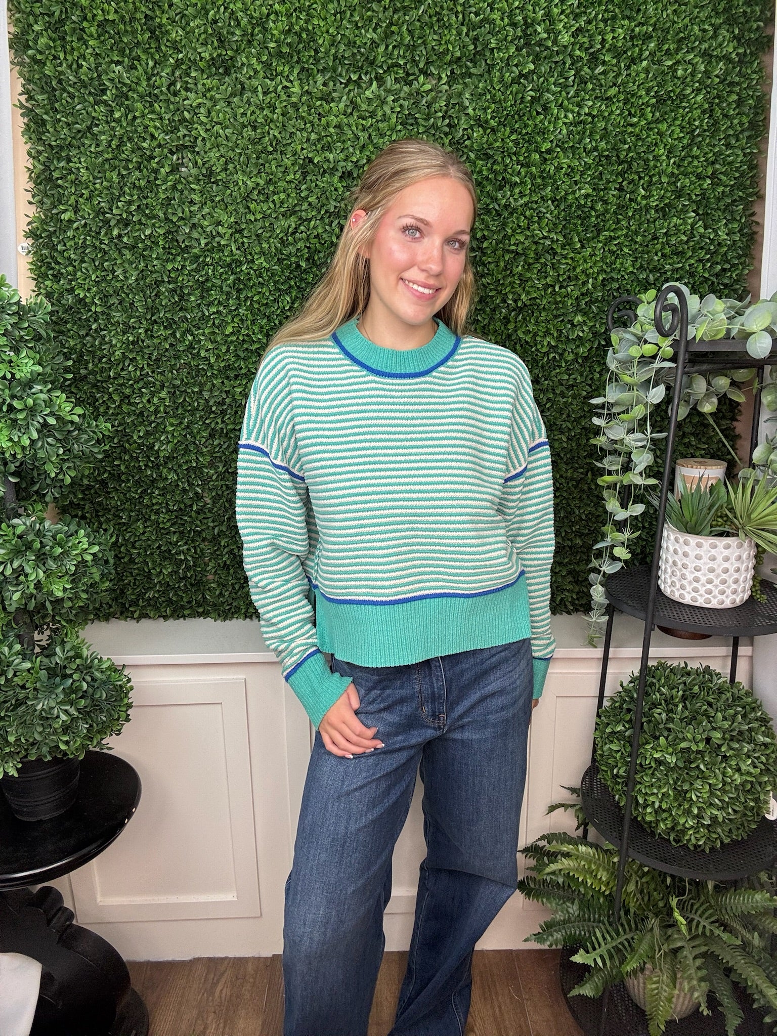 STRIPED CONTRAST TRIM CREW NECK SWEATER - SEA FOAM