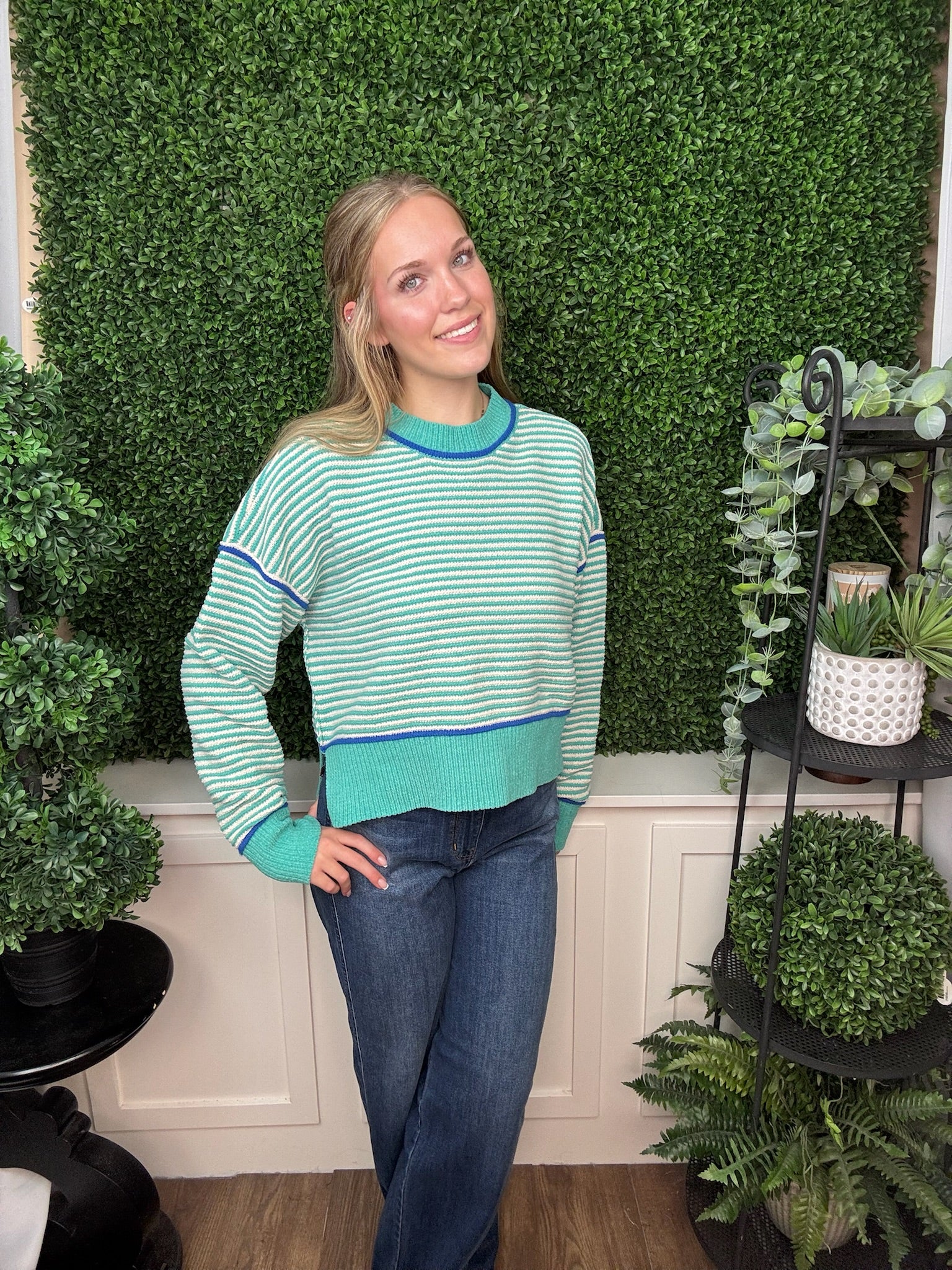 STRIPED CONTRAST TRIM CREW NECK SWEATER - SEA FOAM