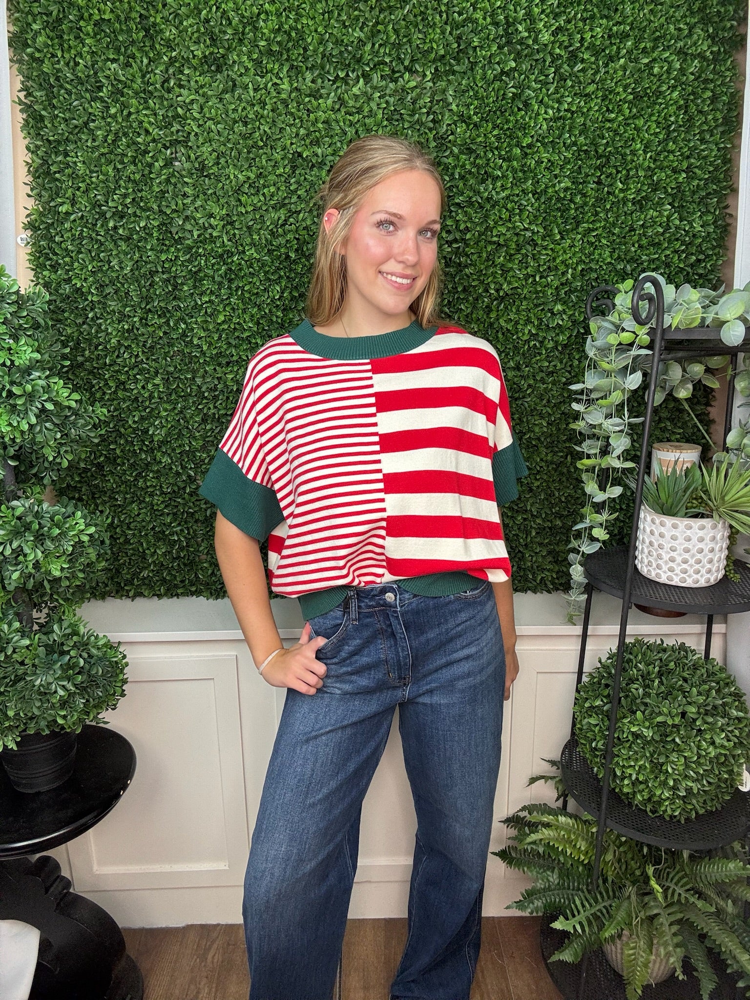DROP SHOULDER STRIPED SWEATER - GREEN RED/ OLIVE GREEN BROWN/ RUST CARAMEL