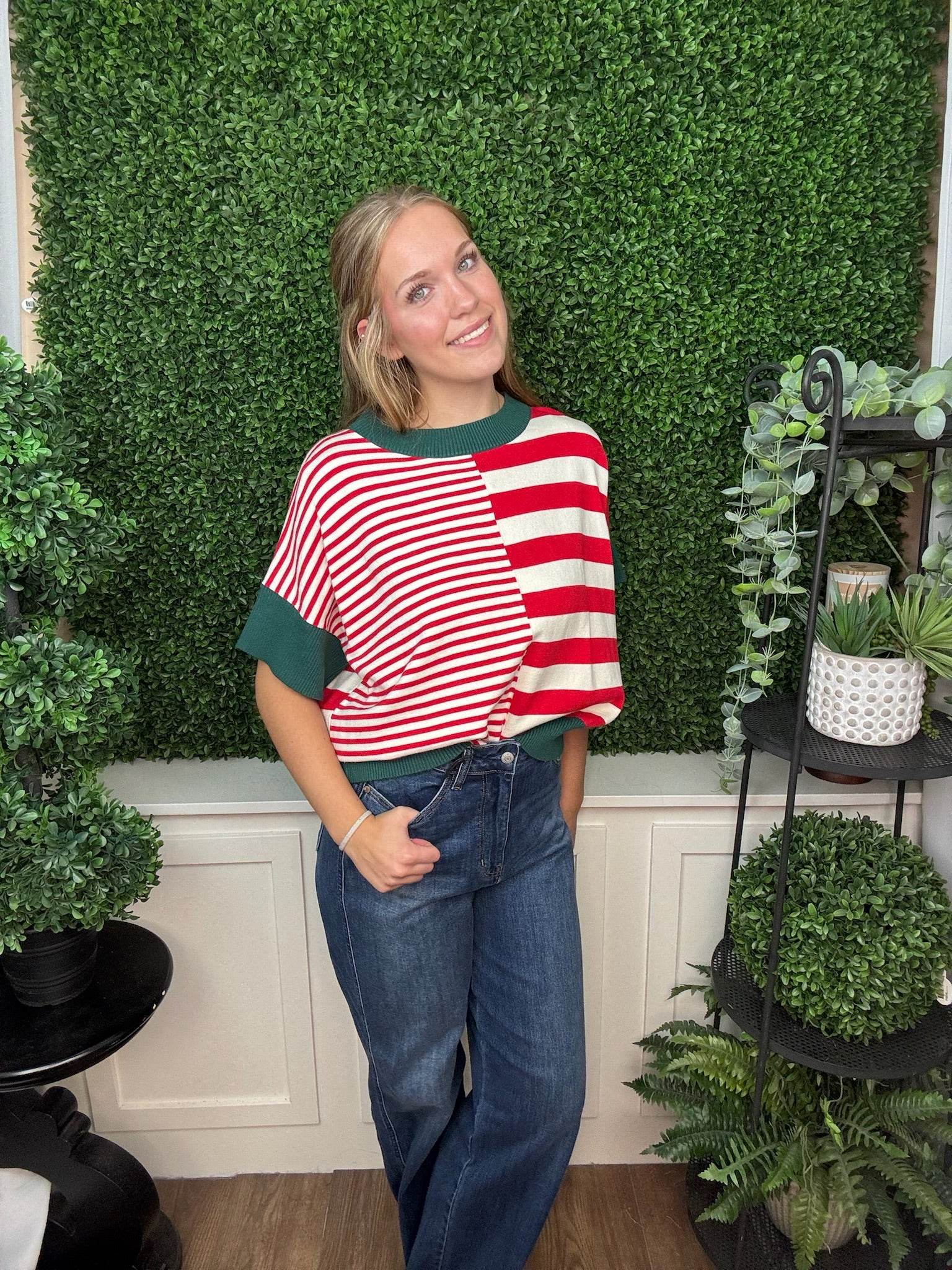 DROP SHOULDER STRIPED SWEATER - GREEN RED/ OLIVE GREEN BROWN/ RUST CARAMEL