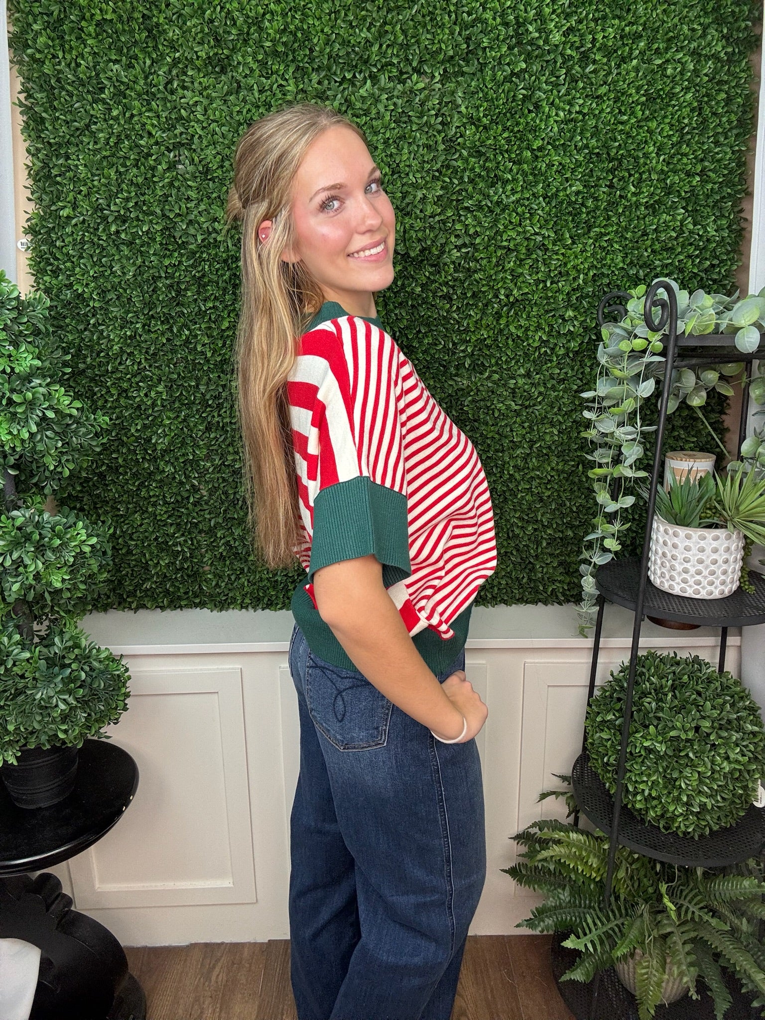 DROP SHOULDER STRIPED SWEATER - GREEN RED/ OLIVE GREEN BROWN/ RUST CARAMEL