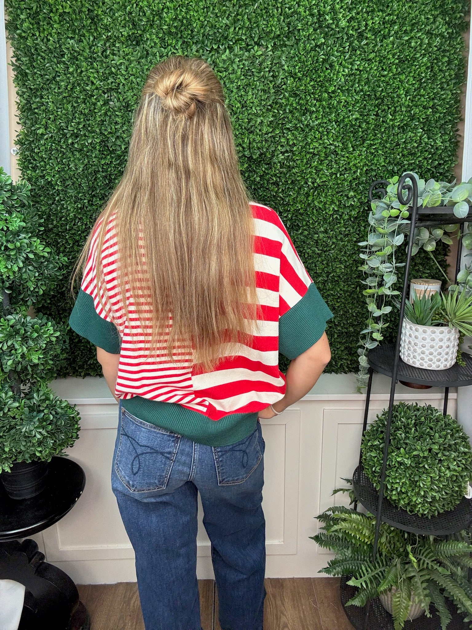 DROP SHOULDER STRIPED SWEATER - GREEN RED/ OLIVE GREEN BROWN/ RUST CARAMEL