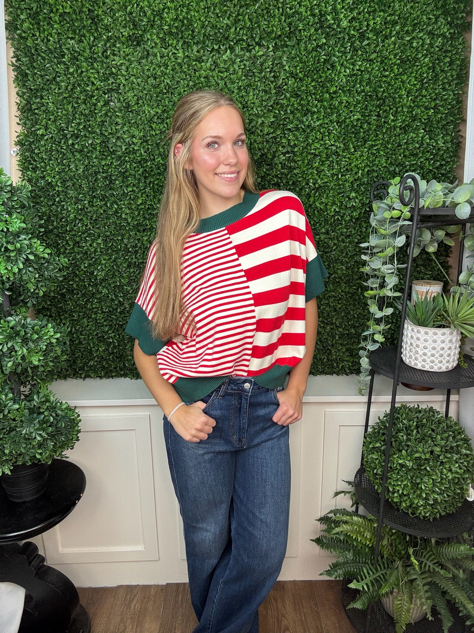 DROP SHOULDER STRIPED SWEATER - GREEN RED/ OLIVE GREEN BROWN/ RUST CARAMEL
