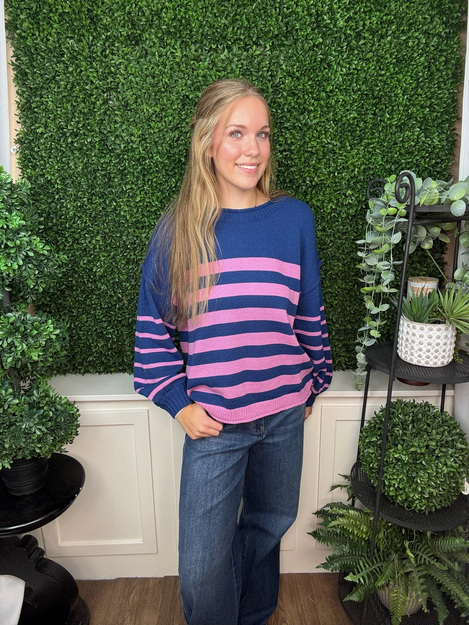 LONG SLEEVE STRIPED SWEATER TOP - NAVY VIOLET