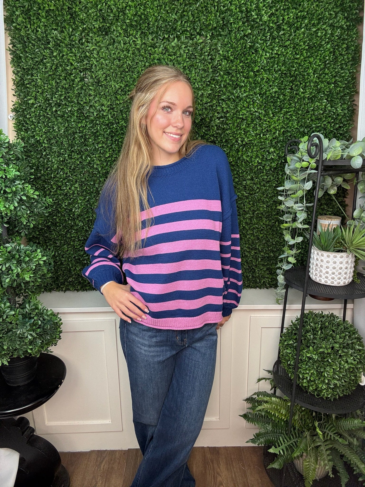 LONG SLEEVE STRIPED SWEATER TOP - NAVY VIOLET