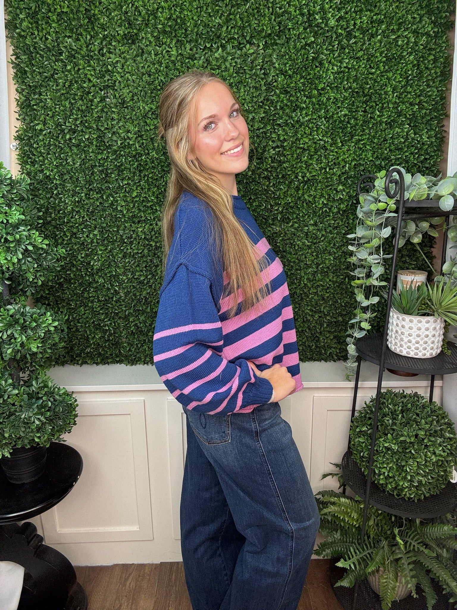 LONG SLEEVE STRIPED SWEATER TOP - NAVY VIOLET