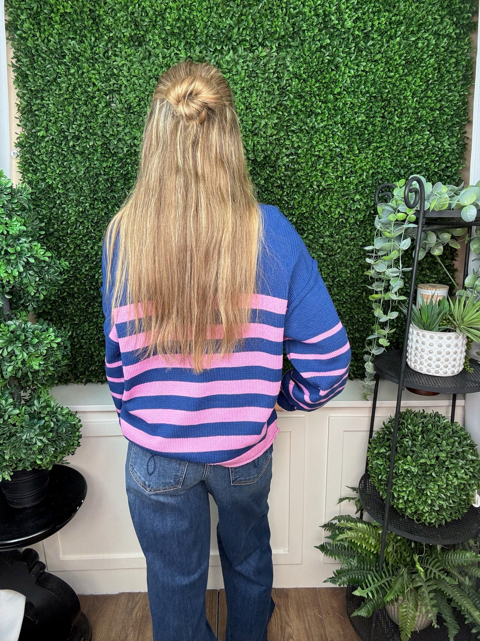 LONG SLEEVE STRIPED SWEATER TOP - NAVY VIOLET