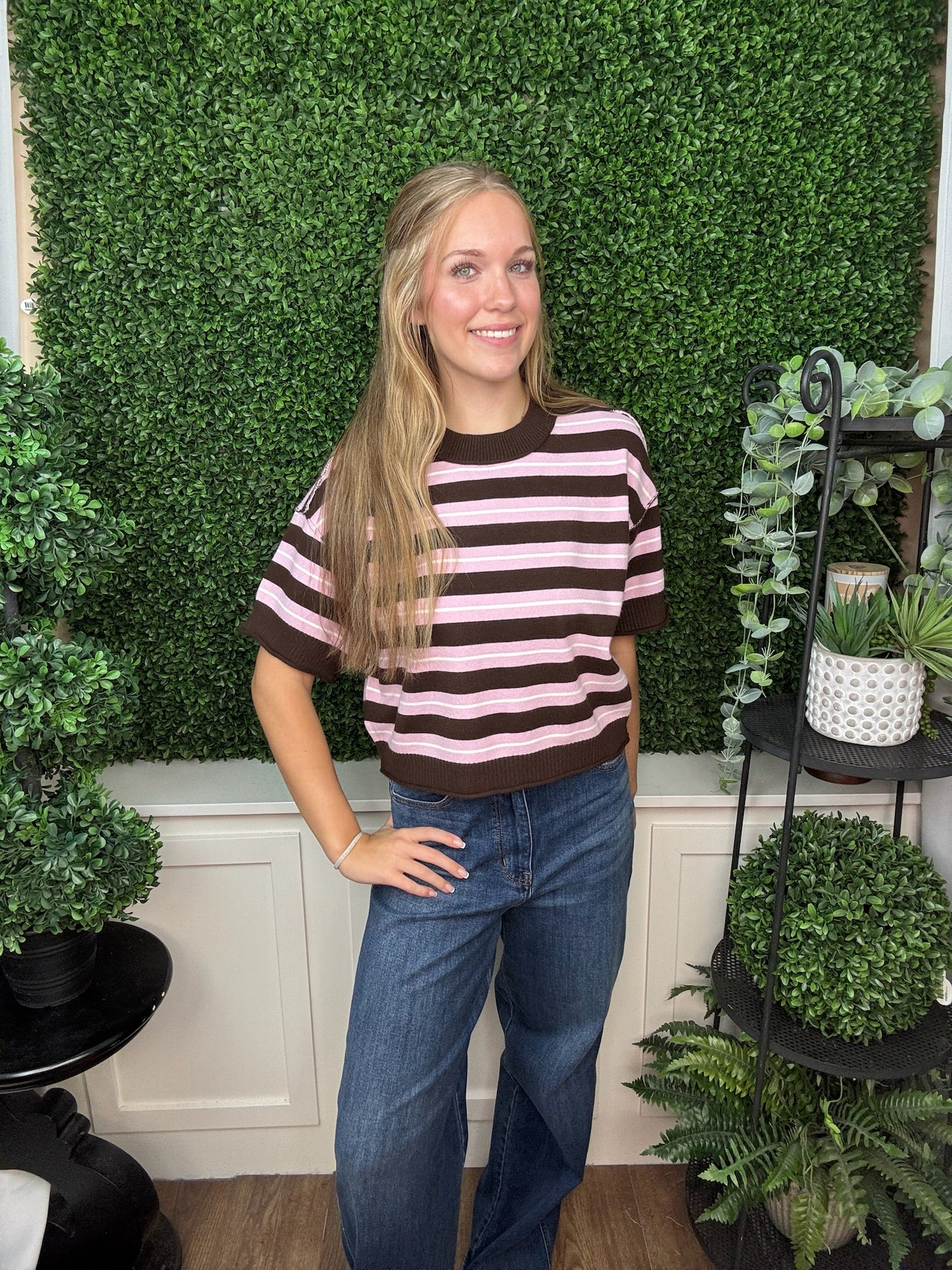 STRIPED SHORT SLEEVE KNIT SWEATER - PINK MUESLI