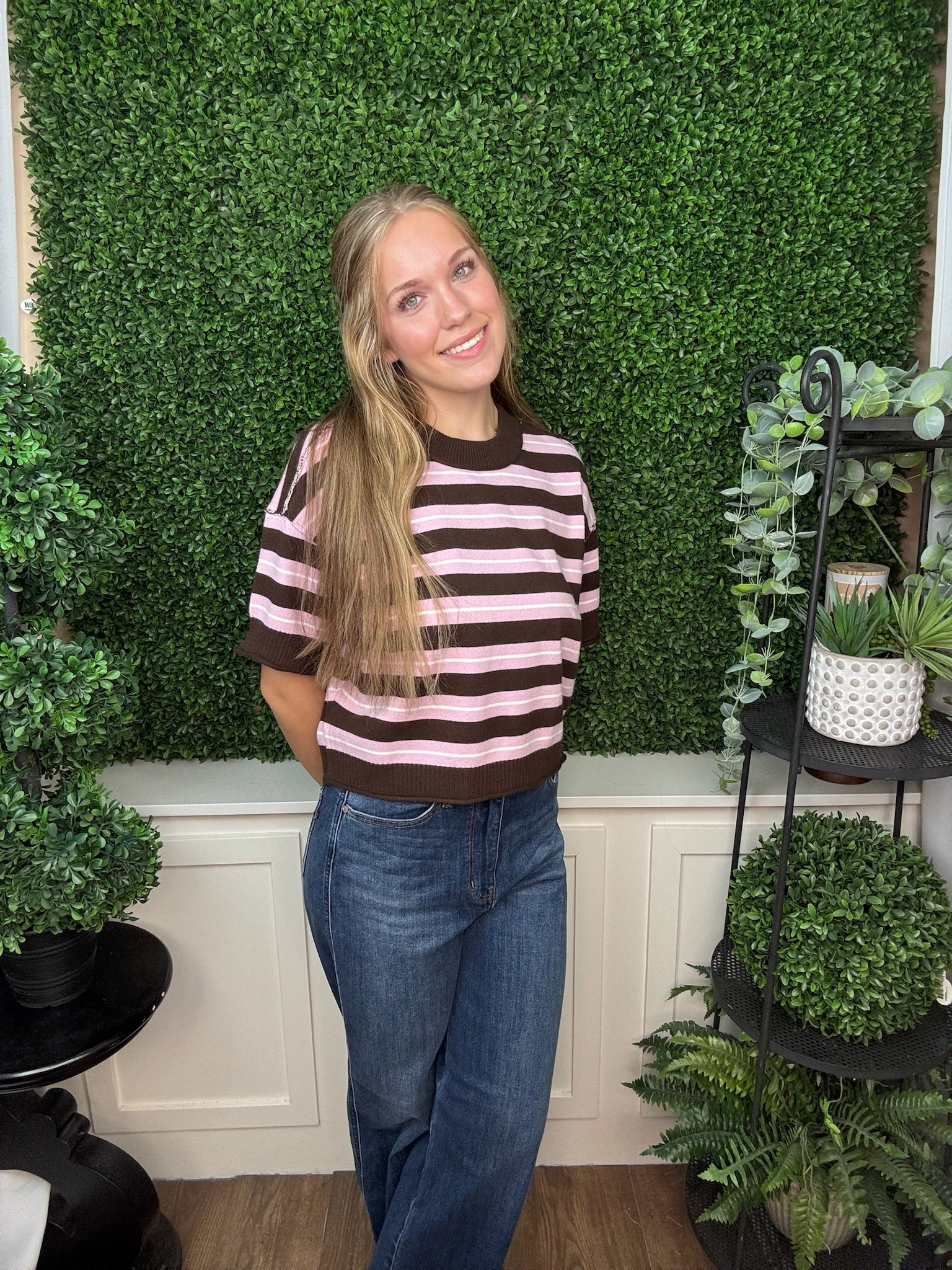 STRIPED SHORT SLEEVE KNIT SWEATER - PINK MUESLI