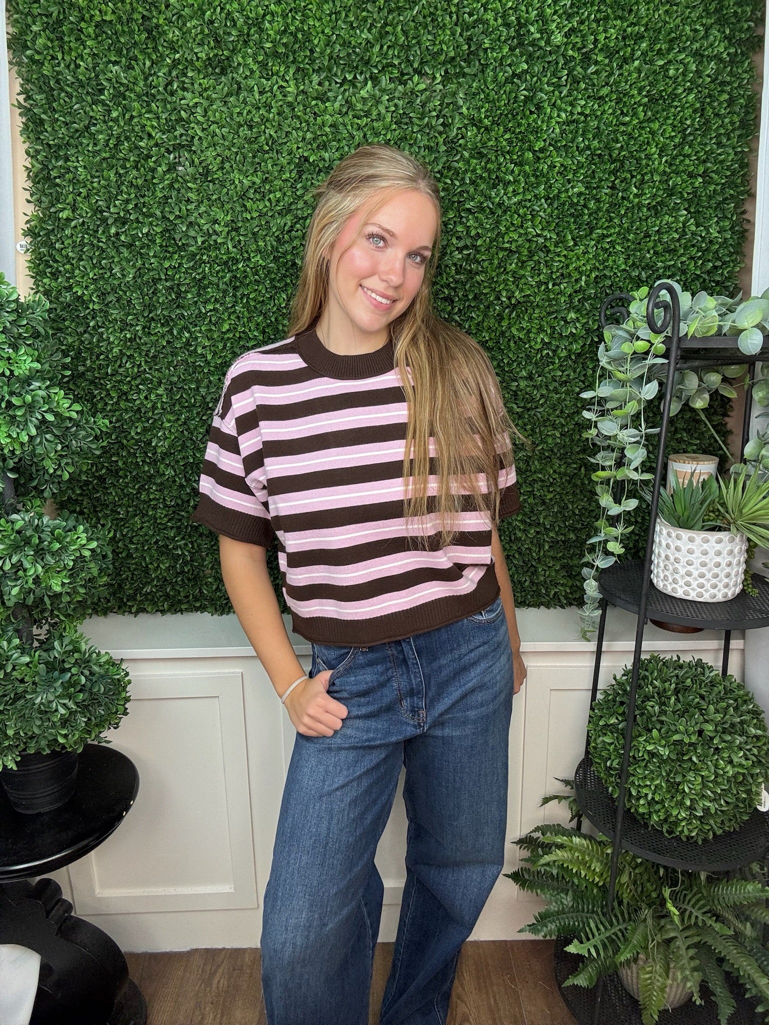 STRIPED SHORT SLEEVE KNIT SWEATER - PINK MUESLI