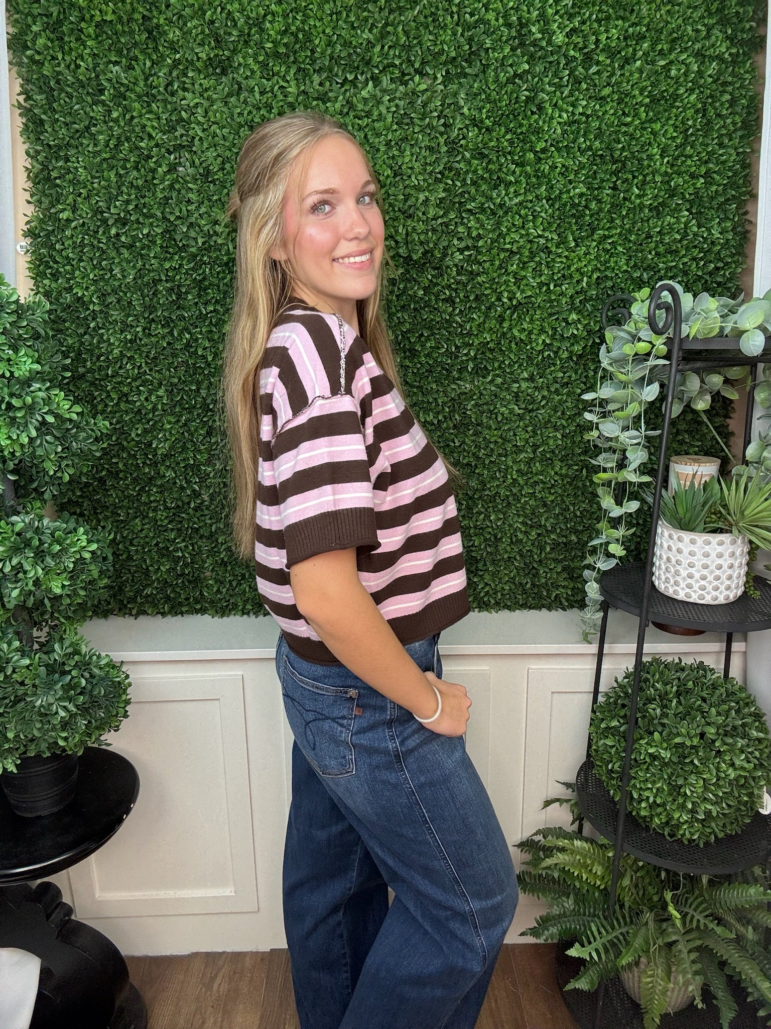 STRIPED SHORT SLEEVE KNIT SWEATER - PINK MUESLI