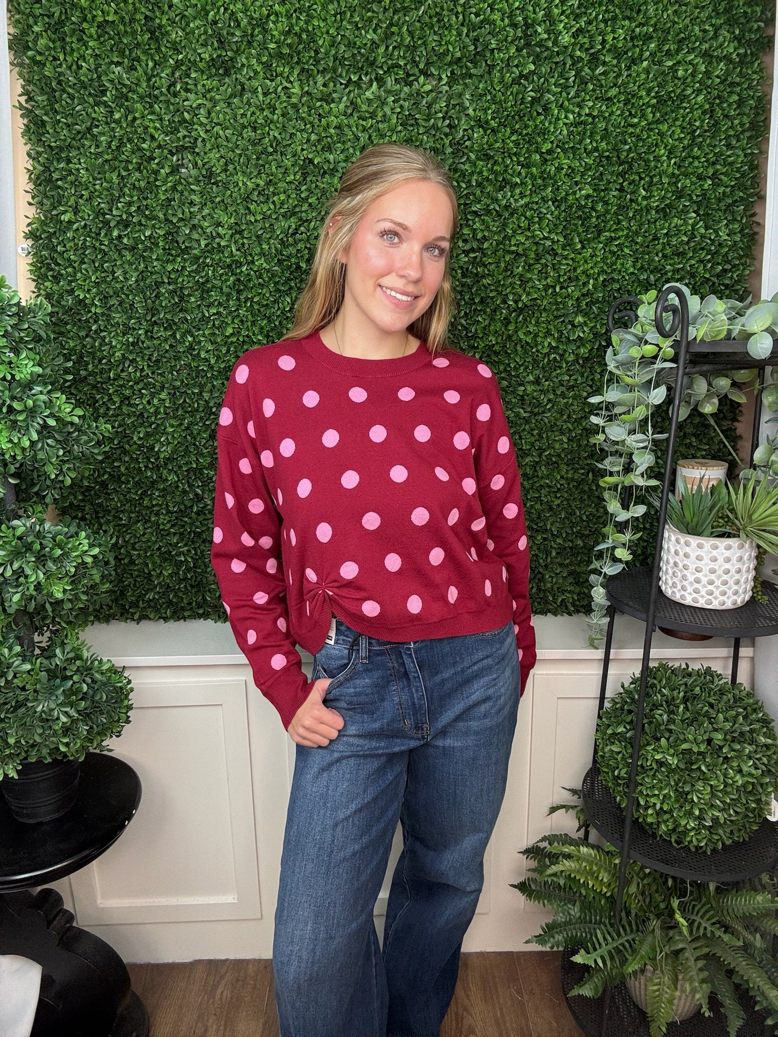 POLKA DOT CREW NECK SWEATER WITH FRONT KNOT DETAIL - BURGUNDY