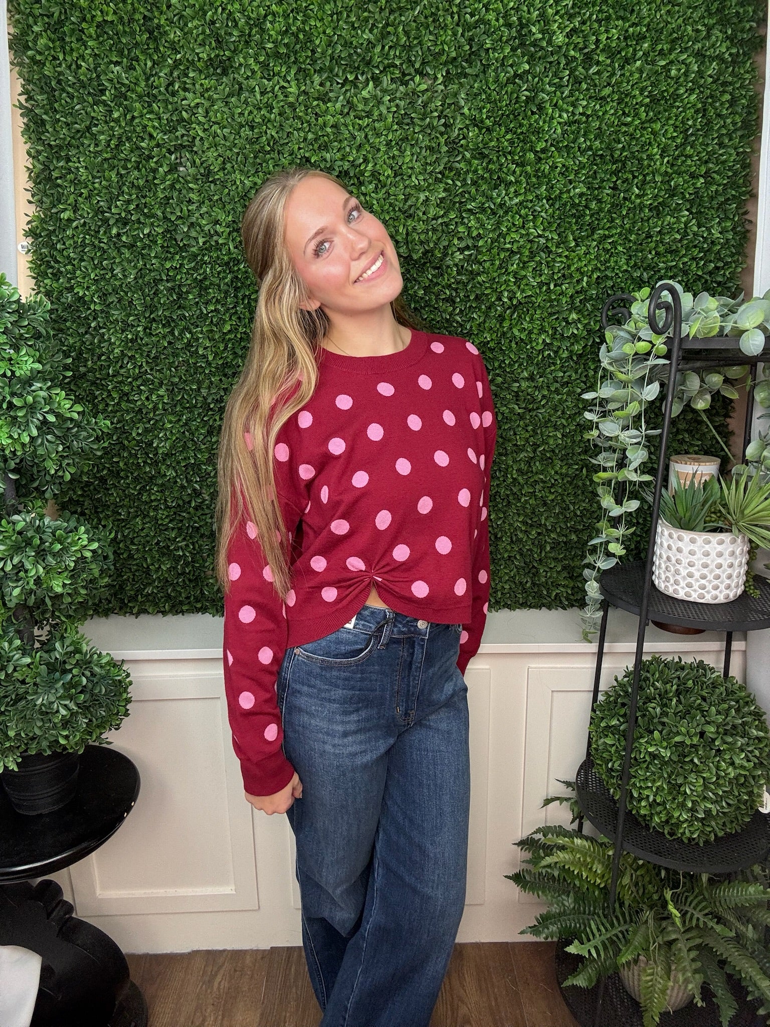 POLKA DOT CREW NECK SWEATER WITH FRONT KNOT DETAIL - BURGUNDY