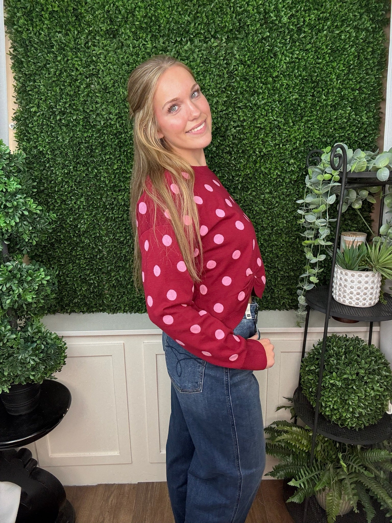 POLKA DOT CREW NECK SWEATER WITH FRONT KNOT DETAIL - BURGUNDY