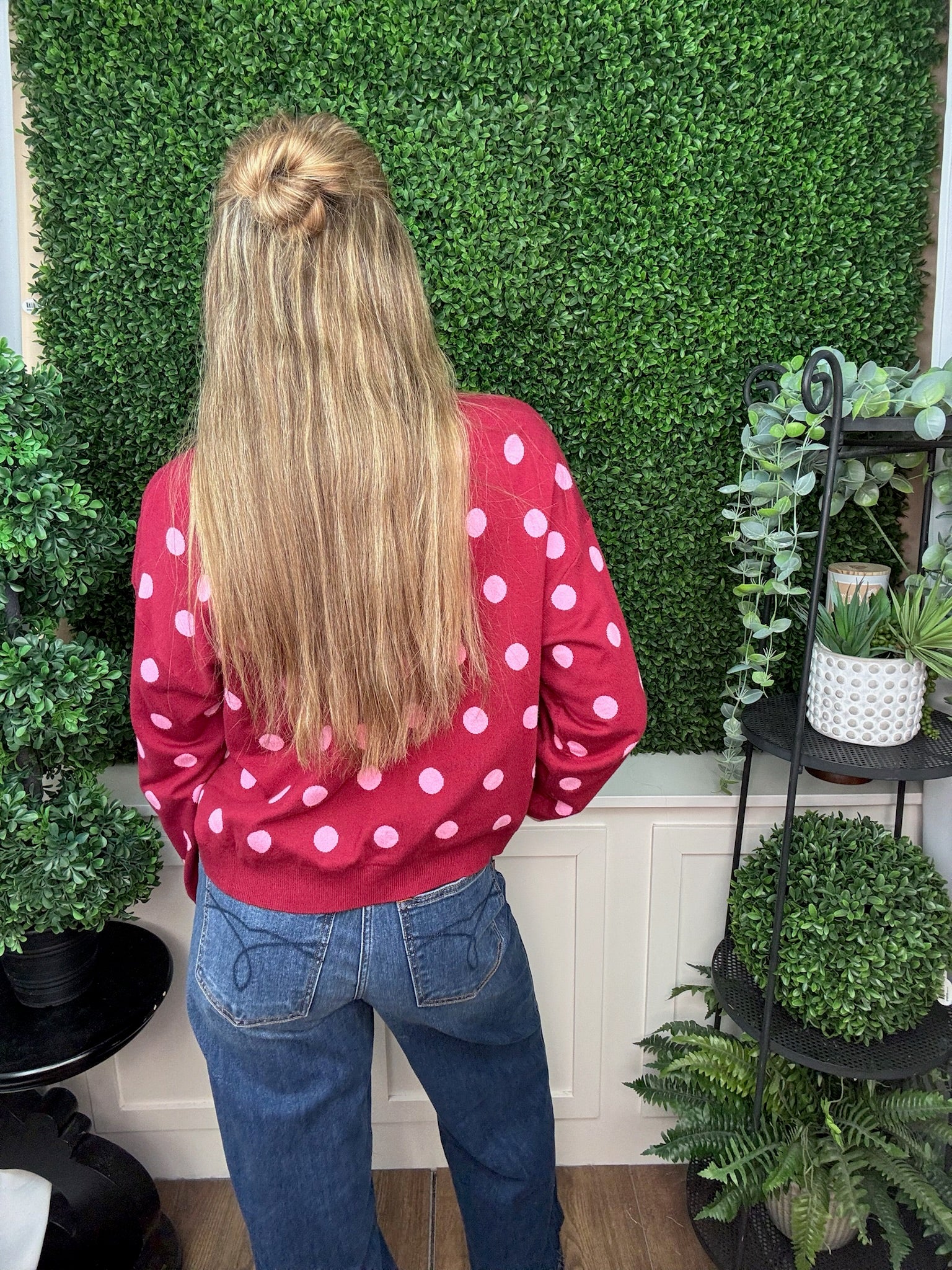 POLKA DOT CREW NECK SWEATER WITH FRONT KNOT DETAIL - BURGUNDY