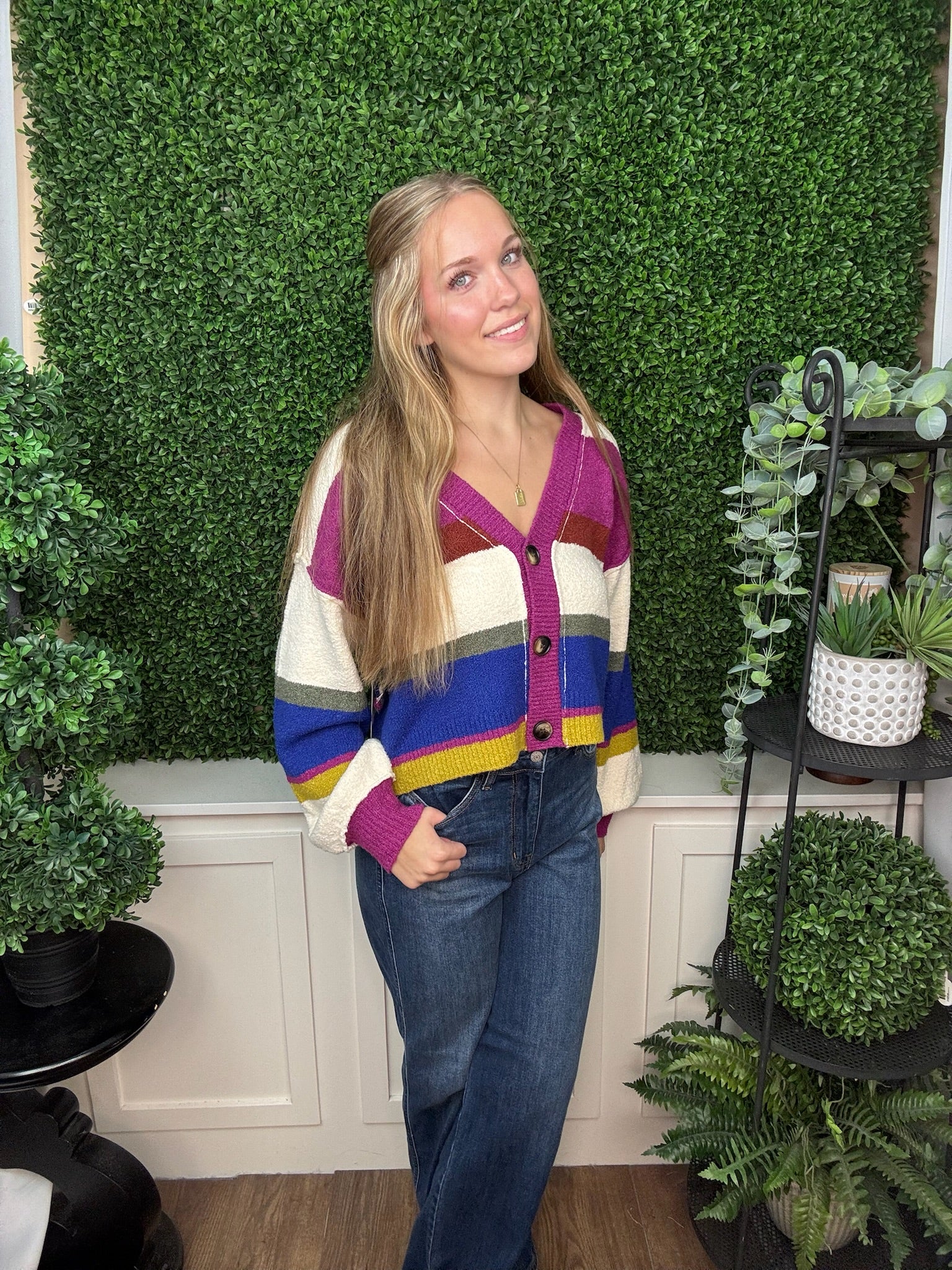 Puff Sleeve Sweater Cardigan - Cream Multi