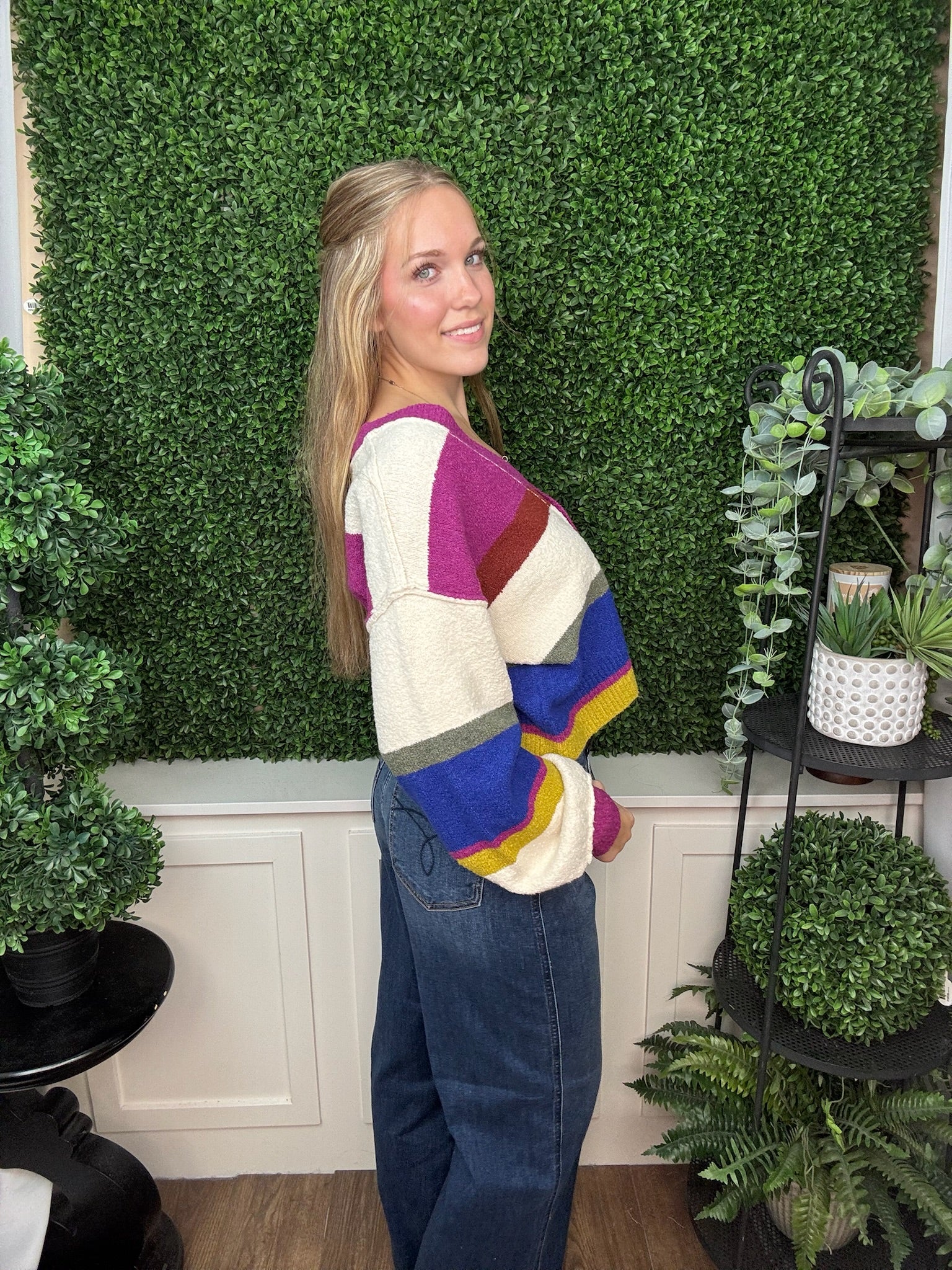 Puff Sleeve Sweater Cardigan - Cream Multi