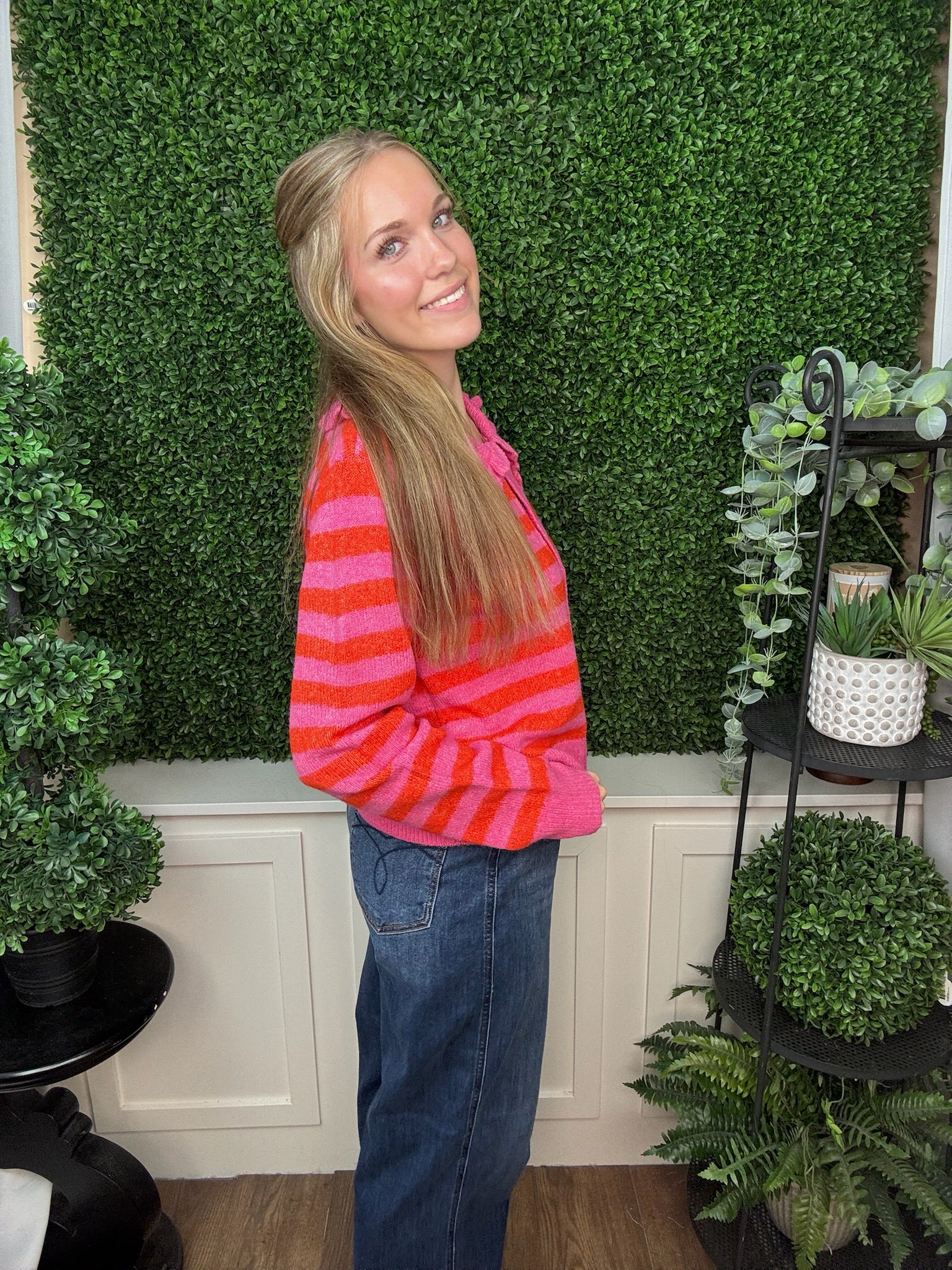 LONG SLEEVE COLLARED STRIPED BUTTON DOWN KNIT CARDIGAN - HOT PINK