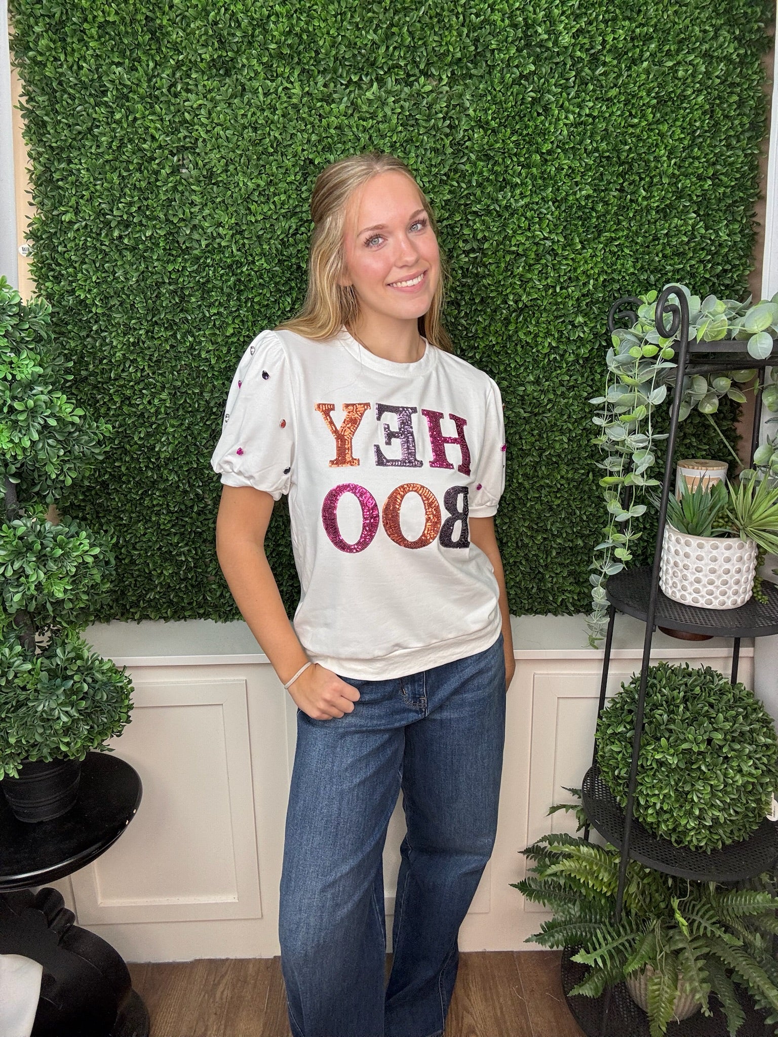 Sequin 'Hey Boo' on Puff Sleeve Tee - White