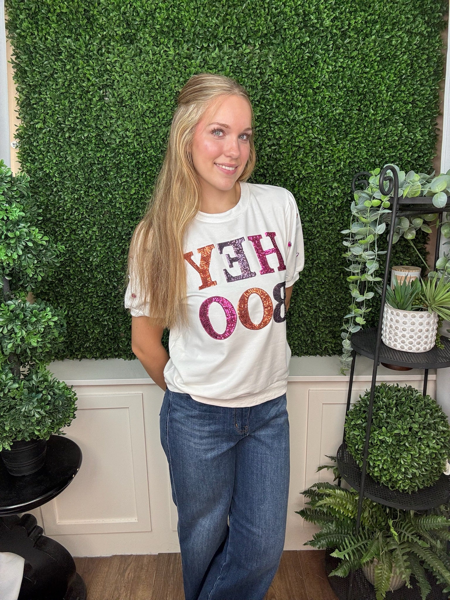 Sequin 'Hey Boo' on Puff Sleeve Tee - White
