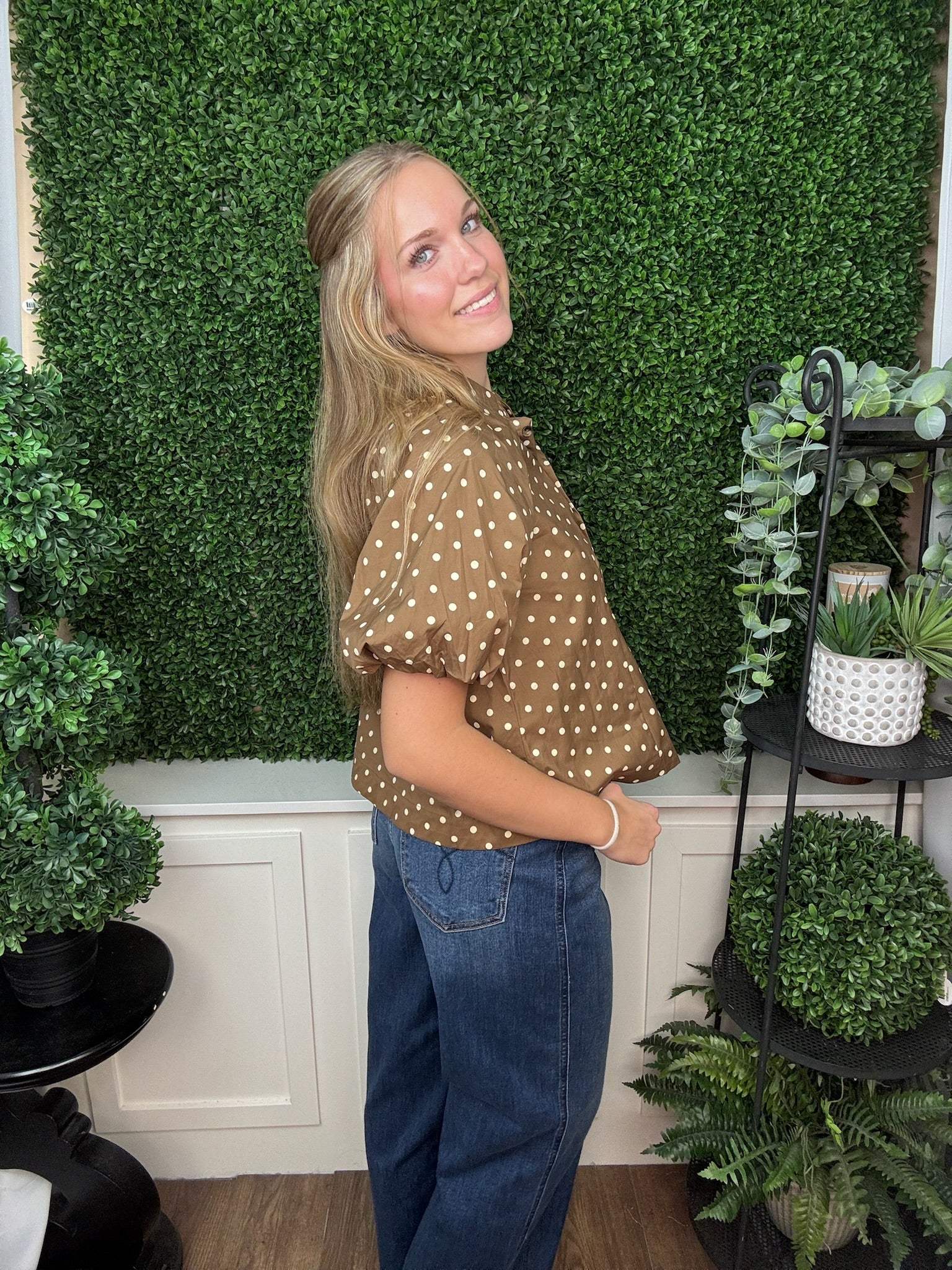 POLKA DOT PUFF SLEEVE BLOUSE - MOCHA LATTE