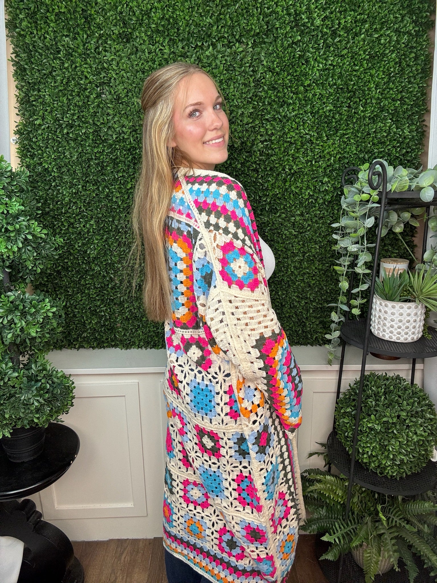LONGLINE GRANNY SQUARE CROCHET MAXI CARDIGAN - BEIGE
