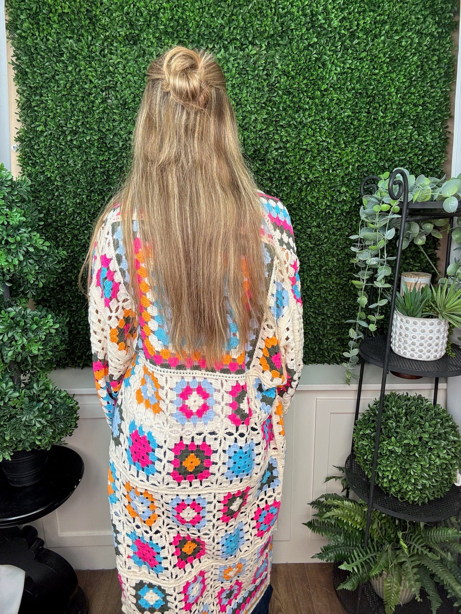 LONGLINE GRANNY SQUARE CROCHET MAXI CARDIGAN - BEIGE