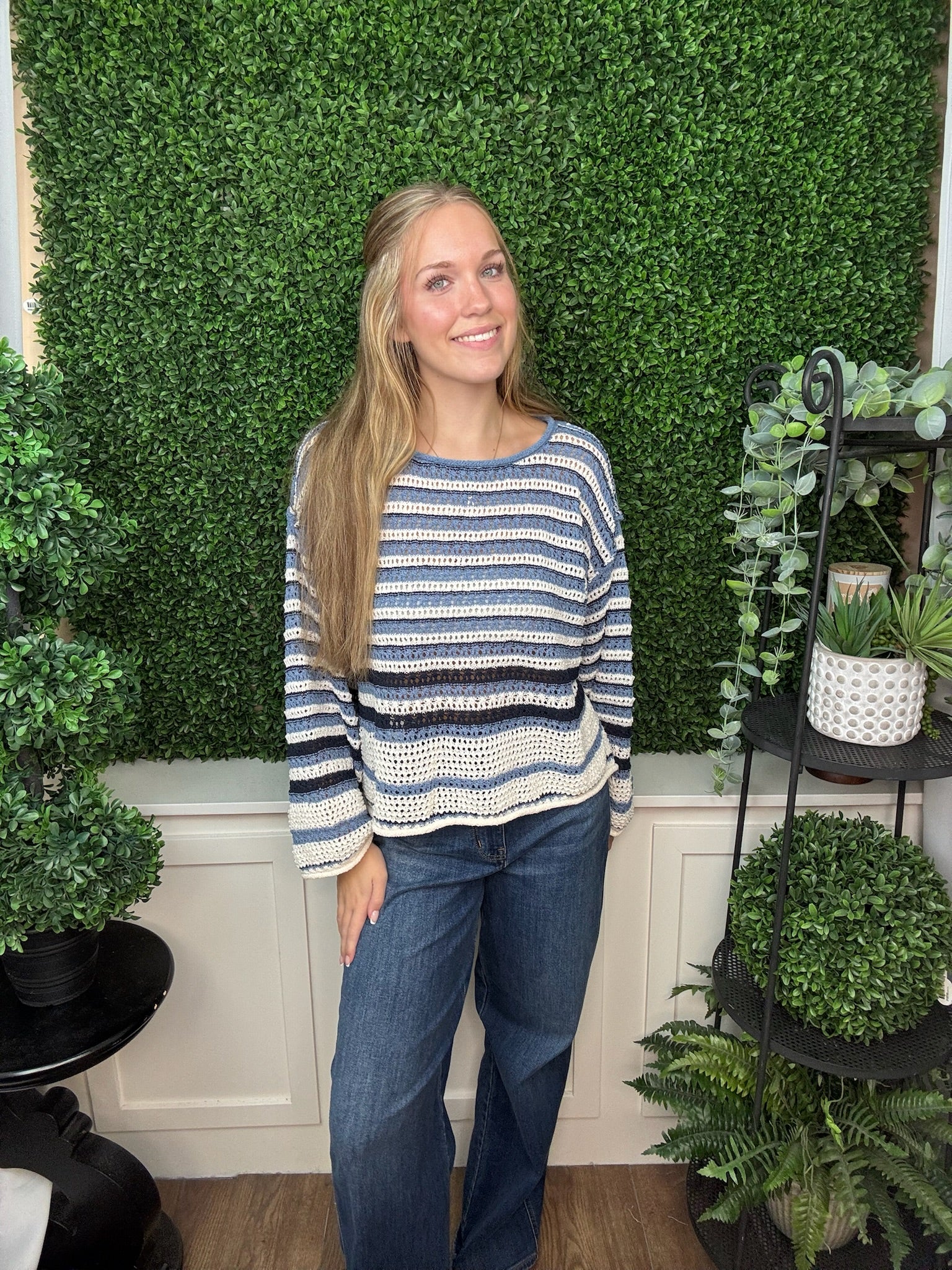 STRIPED CROCHET KNIT CREW NECK SWEATER - DARK DENIM