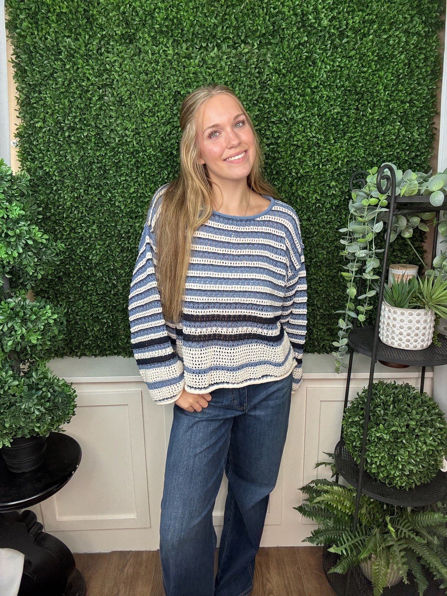 STRIPED CROCHET KNIT CREW NECK SWEATER - DARK DENIM
