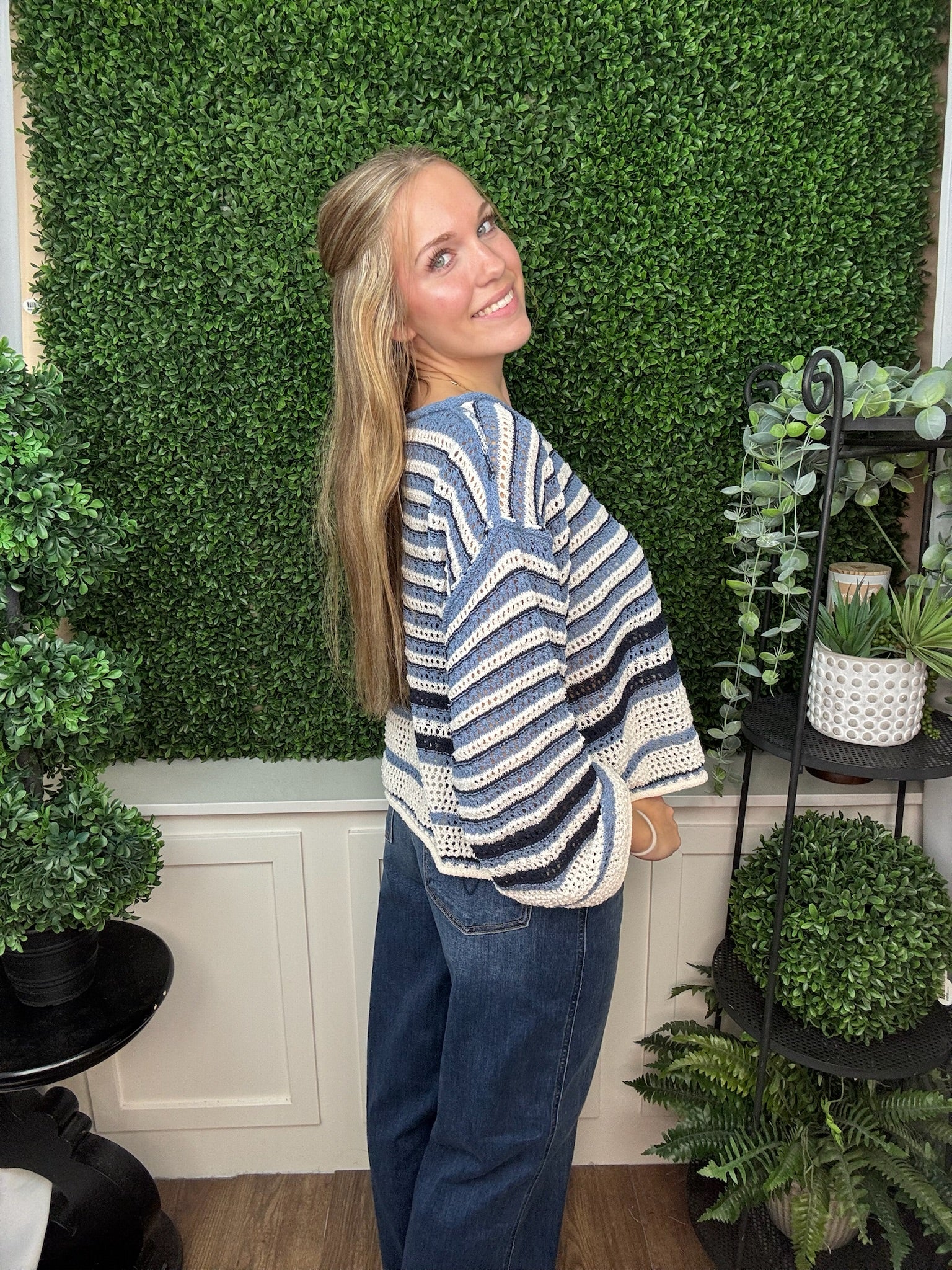 STRIPED CROCHET KNIT CREW NECK SWEATER - DARK DENIM