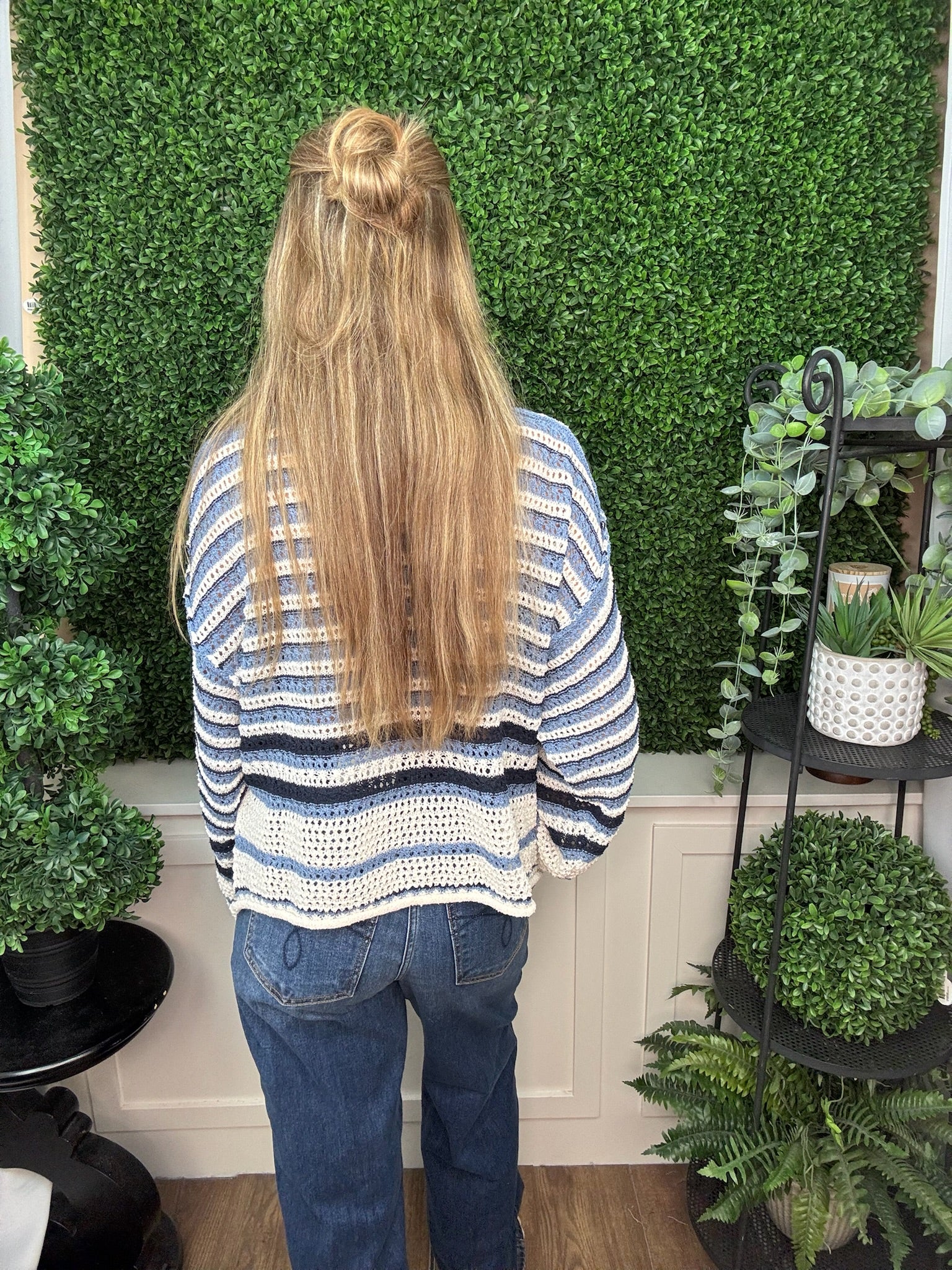 STRIPED CROCHET KNIT CREW NECK SWEATER - DARK DENIM