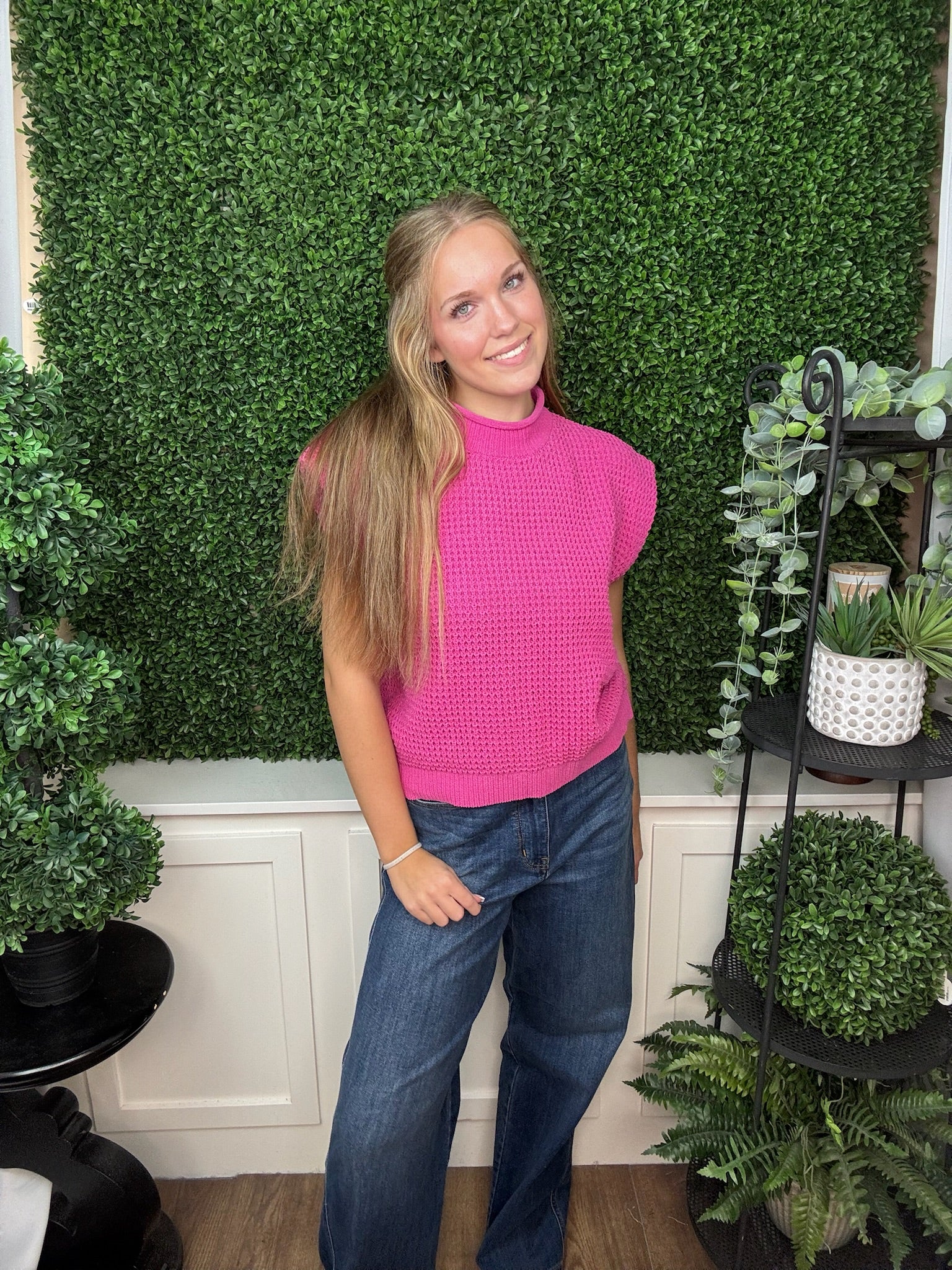 TEXTURED KNIT CREW NECK SWEATER - HOT PINK/ BLUE/CREAM