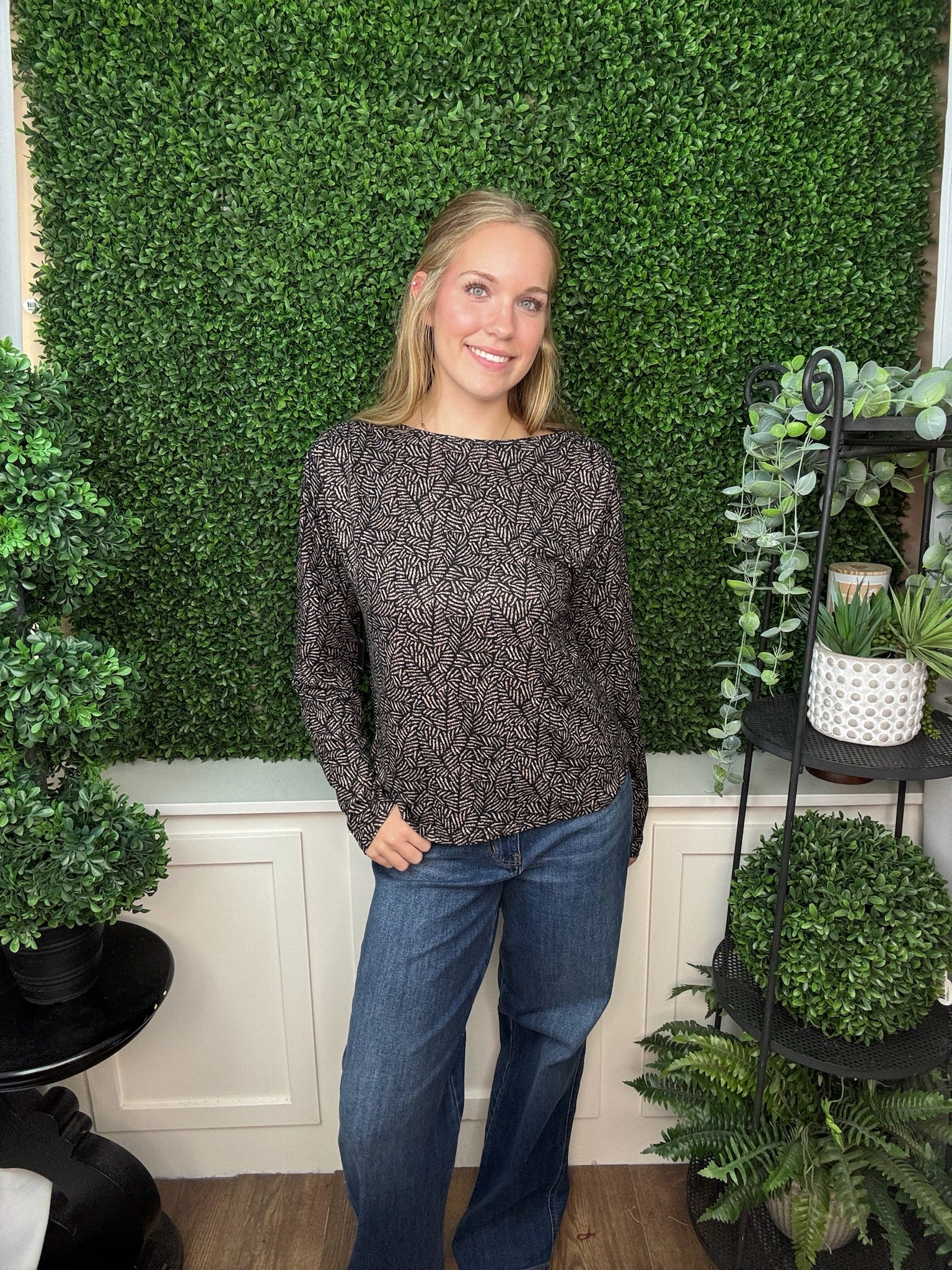 Long Sleeve Jewel Neck Knit Top with Shirring