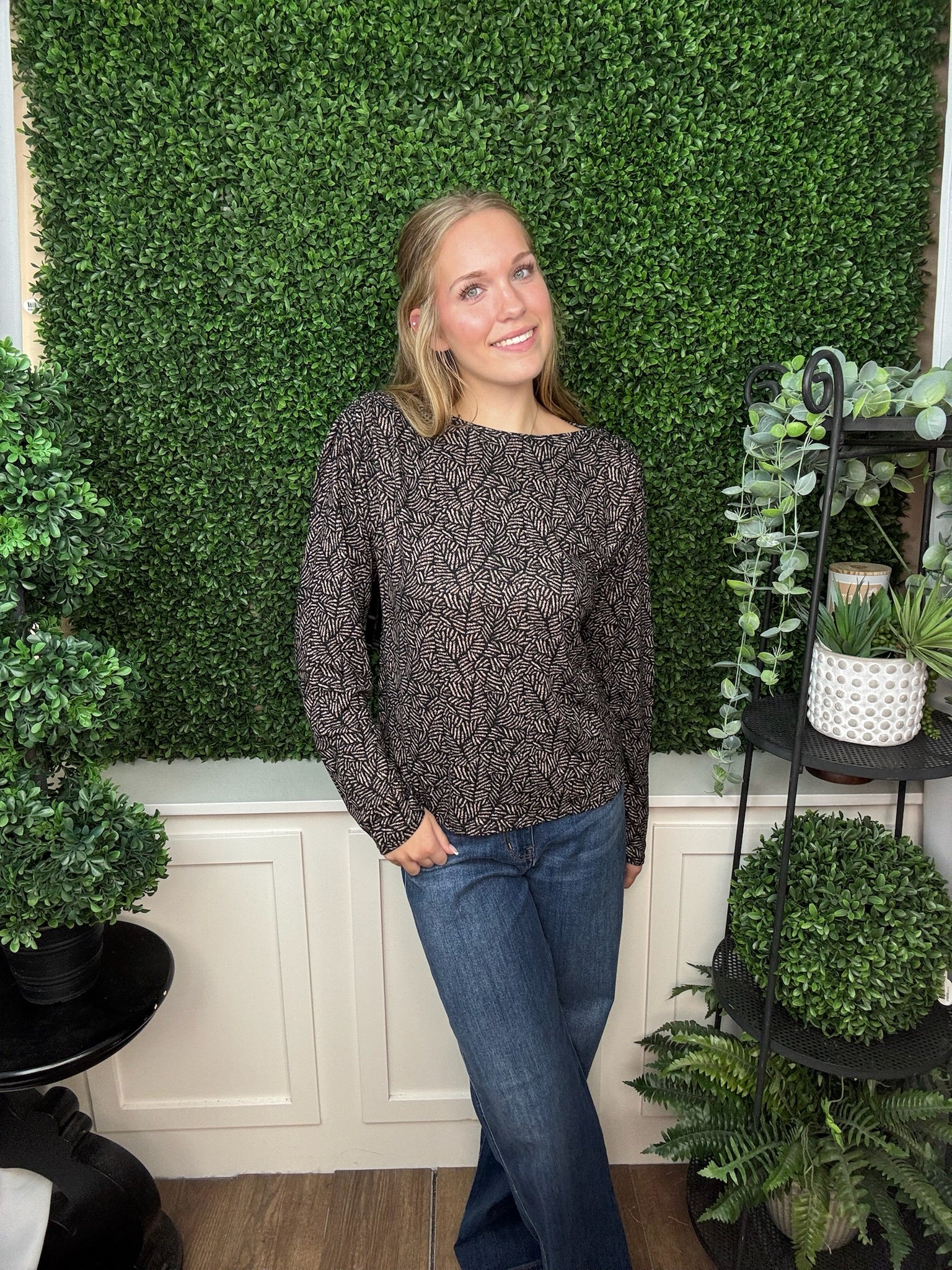 Long Sleeve Jewel Neck Knit Top with Shirring