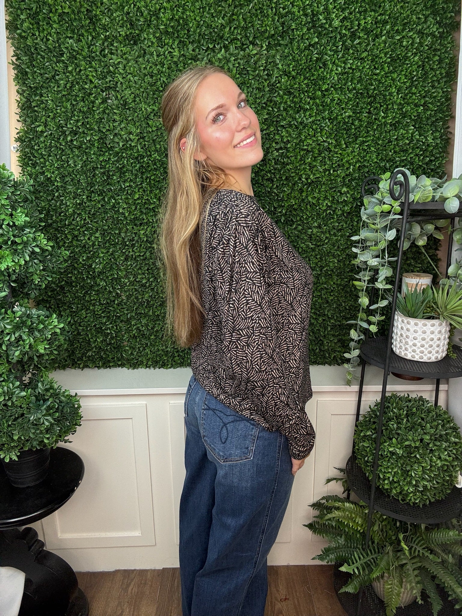 Long Sleeve Jewel Neck Knit Top with Shirring