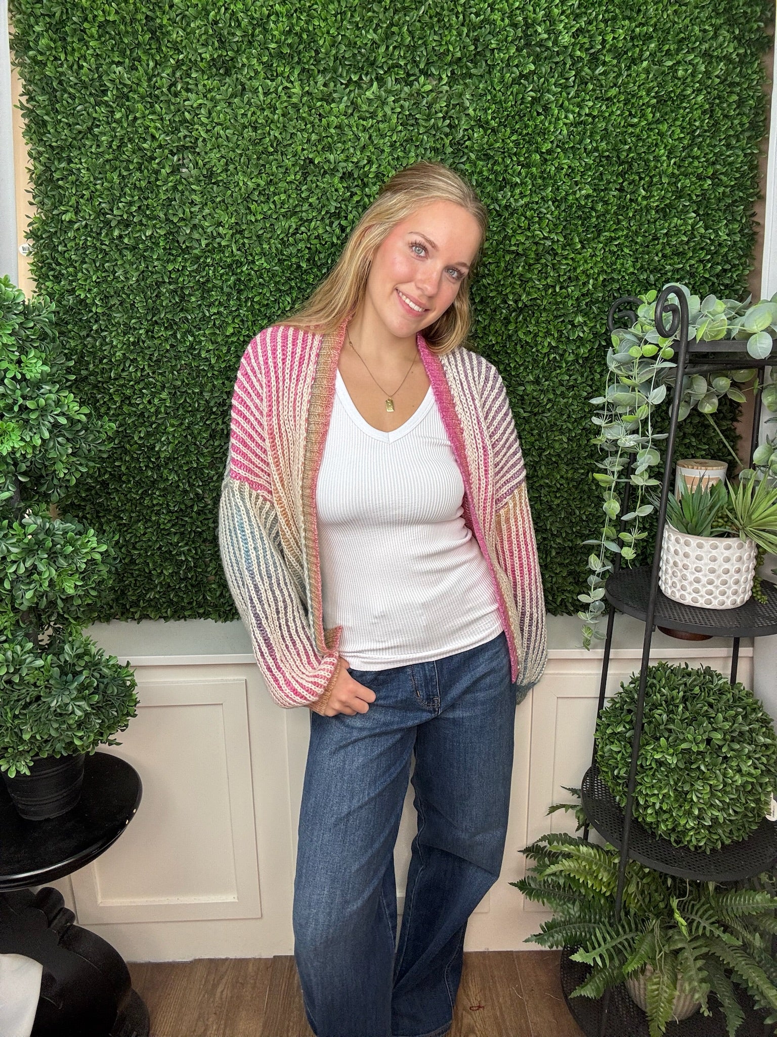 LONG-SLEEVE OPEN FRONT CARDIGAN - VIBRANT RAINBOW COLORWAY